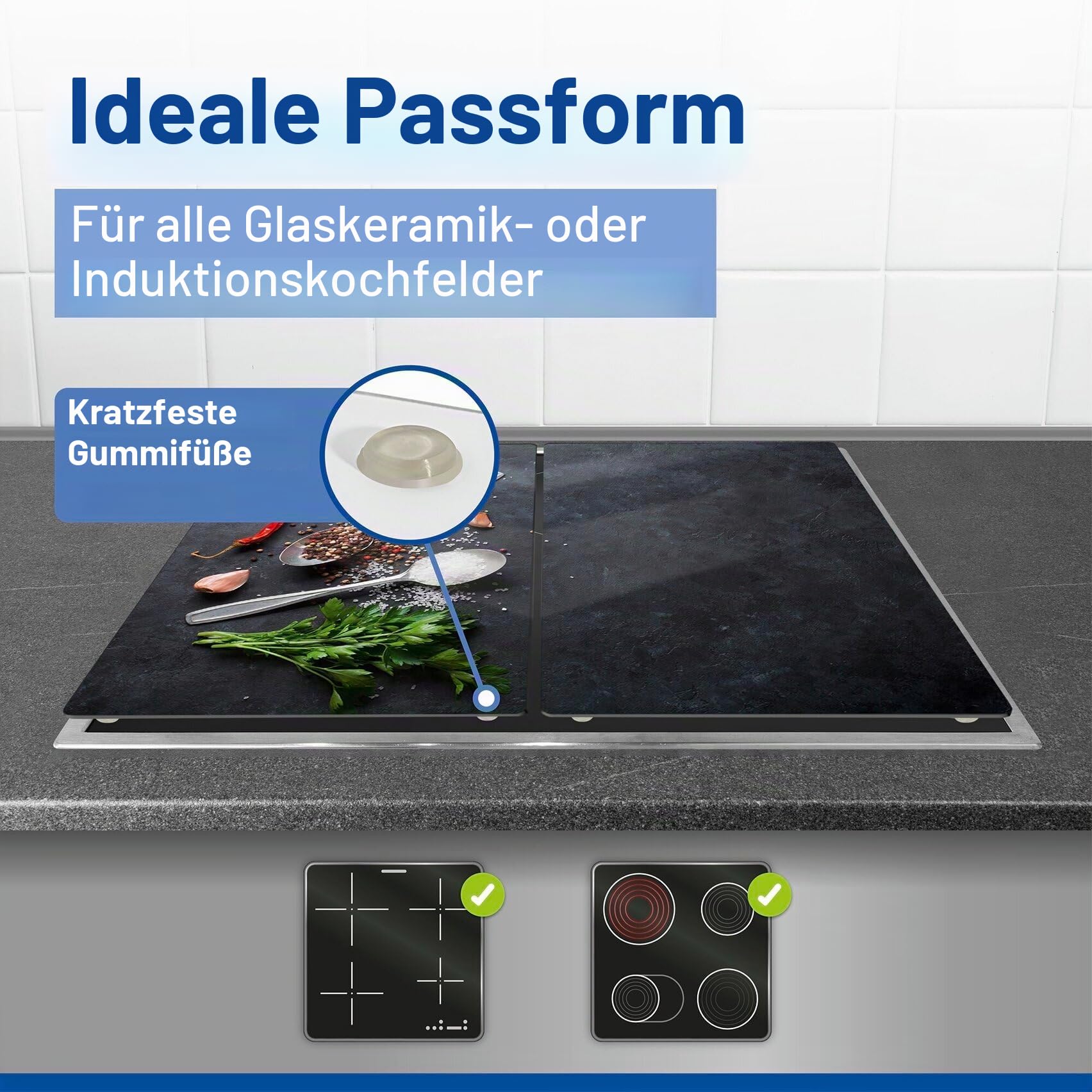 Allstar Herdabdeckplatte aus Glas, 2er Set, für Glaskeramik- und Induktionskochfelder, Herdabdeckung, Glasschneidebrett & Spritzschutz für die Küchenwand mit Motiv, 30 x 52 cm, Mod. Basilikum