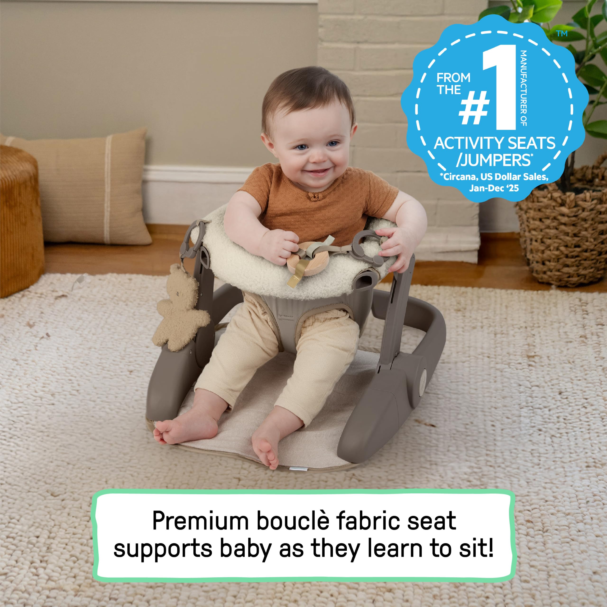 Ingenuity Prop Spot Learn-to-Sit Baby Bodensitz mit Tablett, Bouclé Stoff-Kissen, verstellbare Höhe, Klappdesign, Spielzeug enthalten