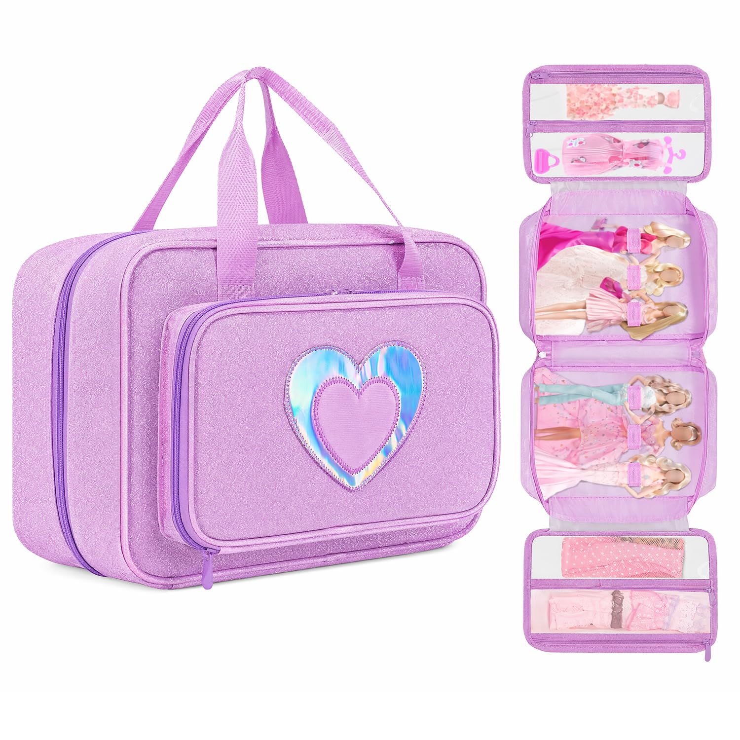 LININYHAO Carrying Case Compatible with Barbie Dolls 12-Inch, Storage Organizer with Handle Holds up to 6 Dolls,Multiple Pockets for Accessories,Toy Storage Box, lavender,Bag Only
