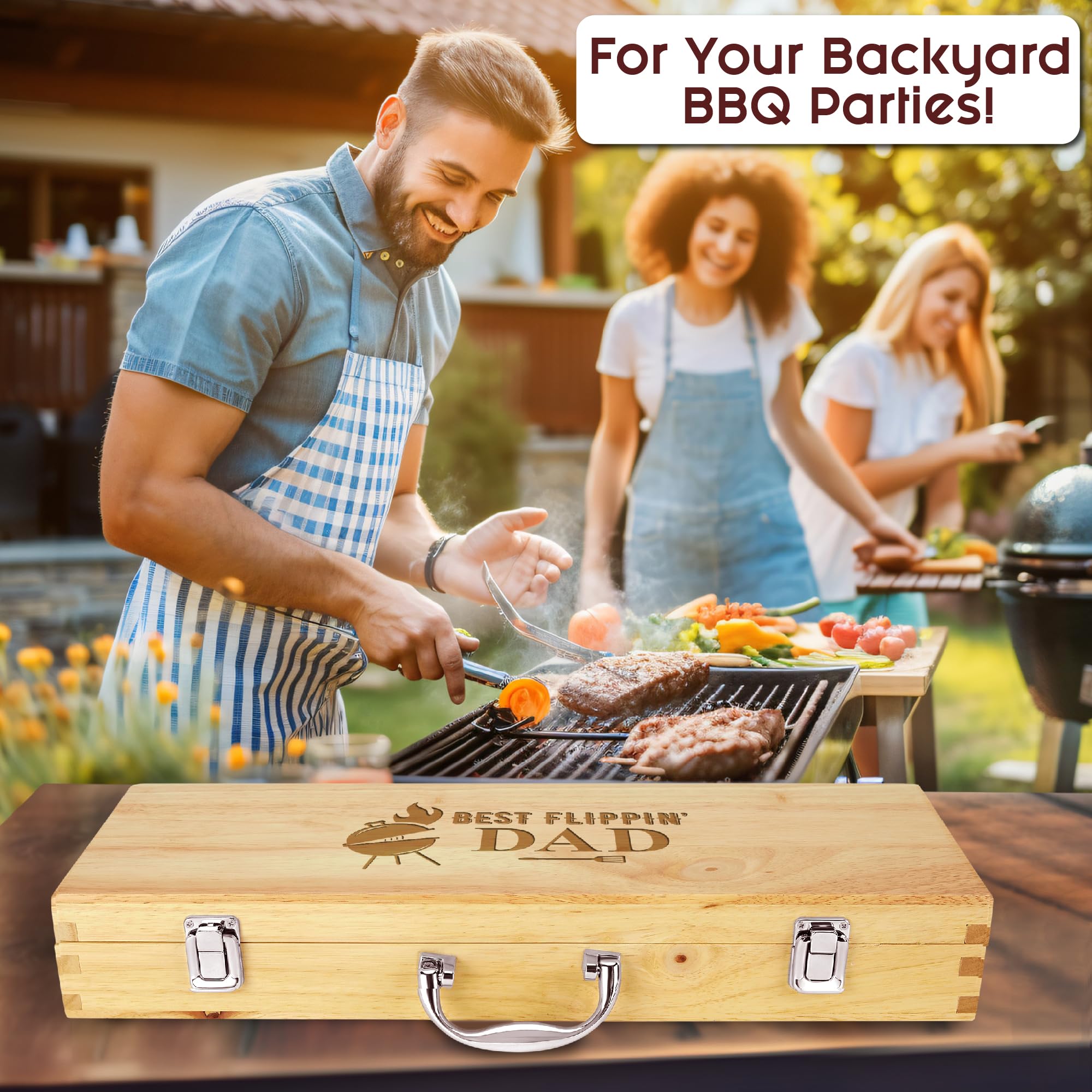 11-teiliges BBQ Grillset mit gravierter Ahornholzbox, Edelstahl-Werkzeuge mit Holzgriffen, ideales Geschenk für Papa zum Geburtstag, Vatertag - Best Flipping Dad