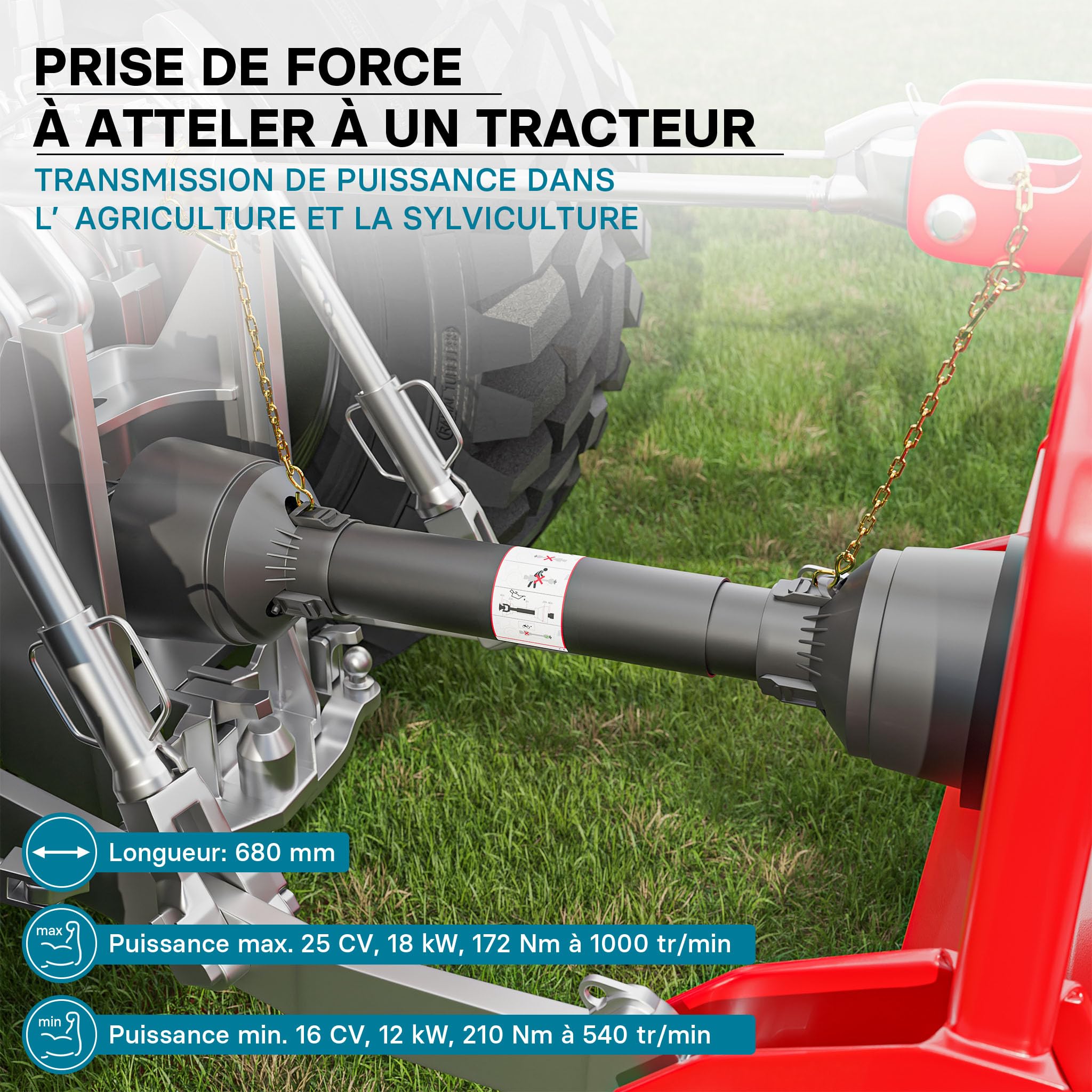 WilTec Arbre de Transmission T1 Cardan 680mm 210Nm 540tr/min Prise Force 18kW (25CV) 2X 1 3/8" 6 Dents