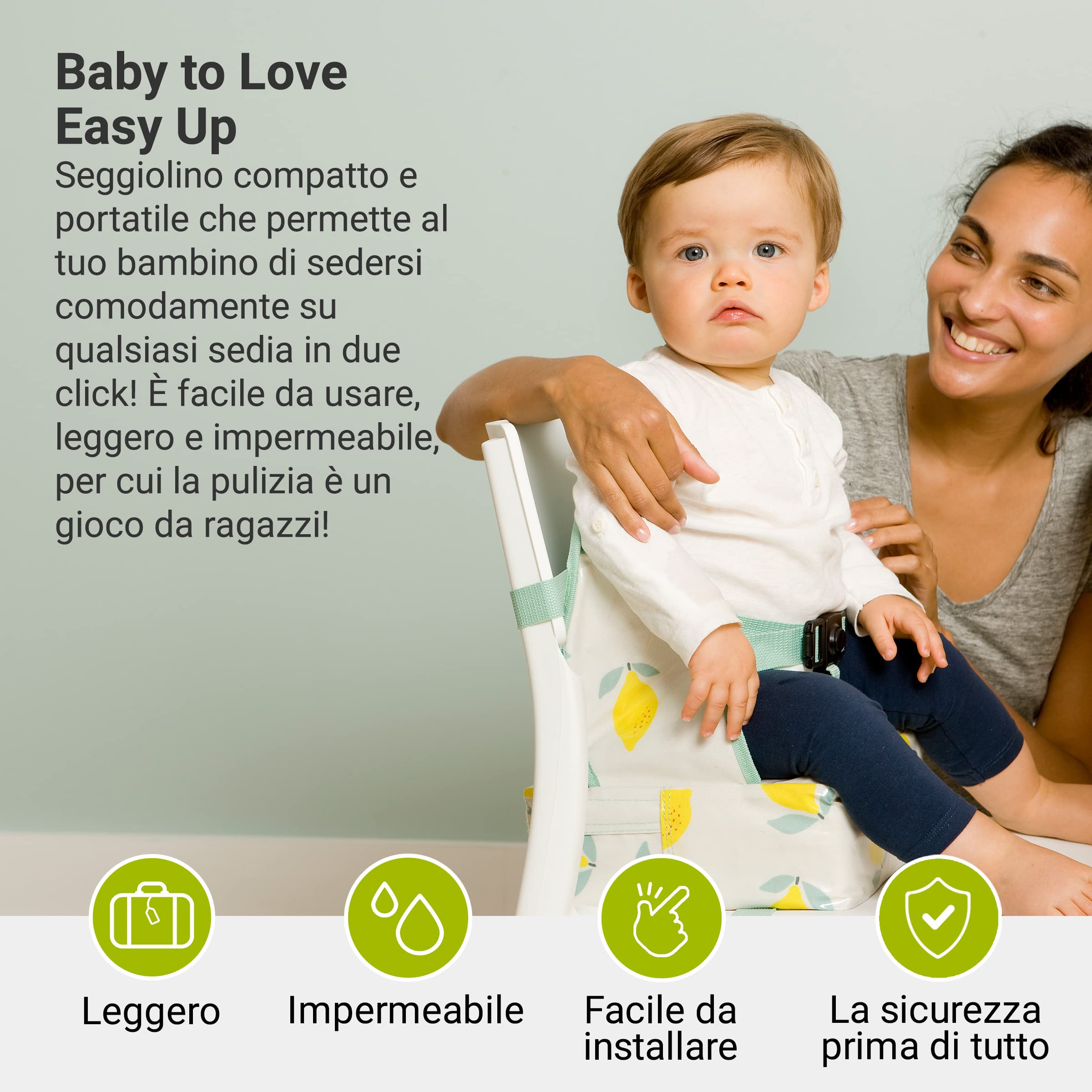 BabyToLove | Rialzo nomade pieghevole con cuscino morbido e imbracatura sicura per pasti all'aperto o a casa | Happy Lemon