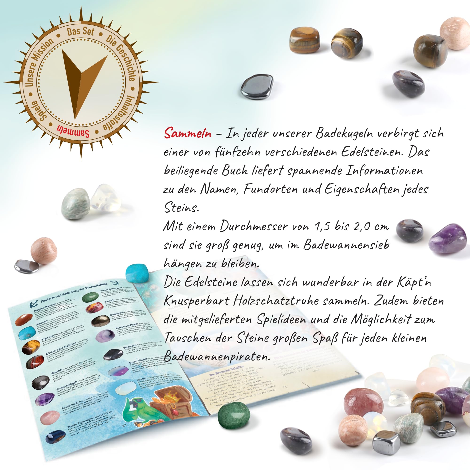 Käpt'n Knusperbart 4 bombas de baño con piedras preciosas sorpresa + cofre del tesoro + libro + pegatinas, sin plástico con ingredientes naturales, sin parafinas, aceite de palma, siliconas, SLS, PEG