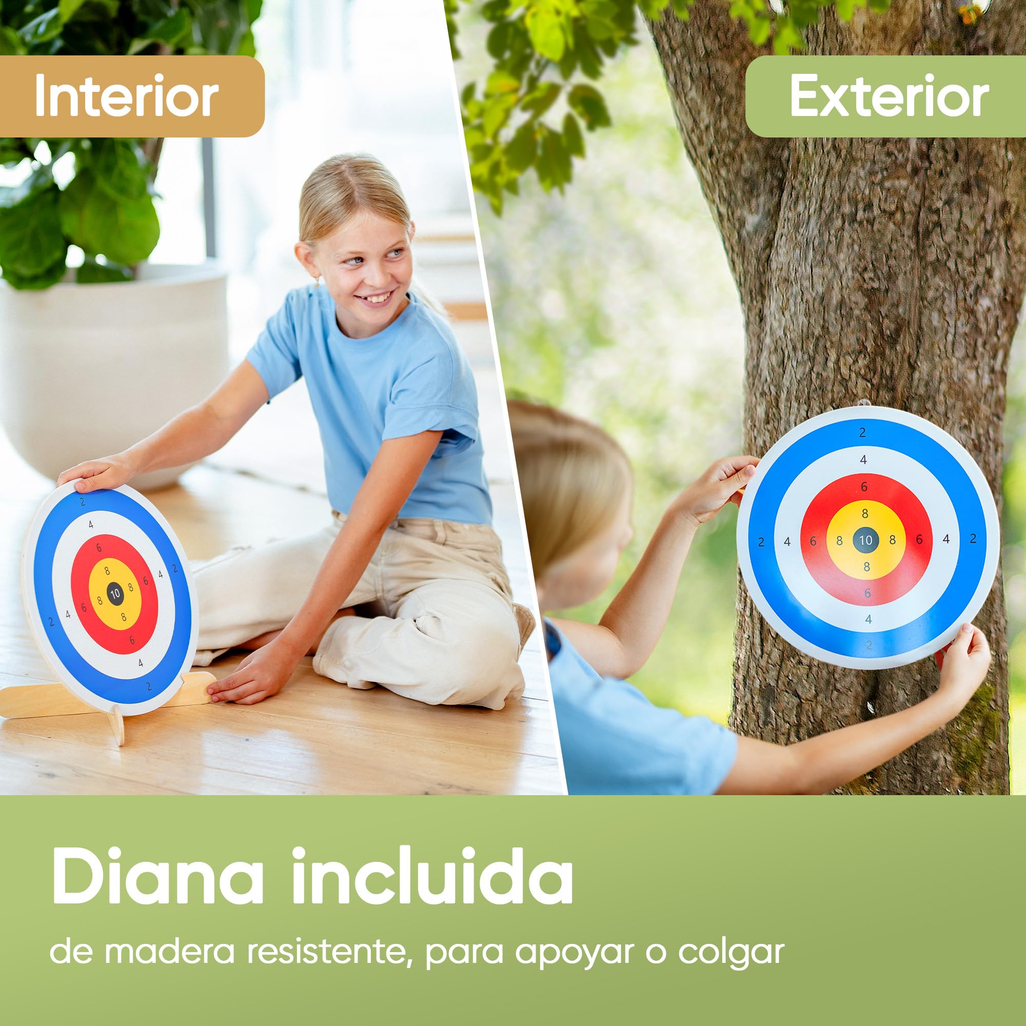 BOWRILLA® Juego de tiro con arco para niños con 6 flechas y diana de madera, ideal para interior y exterior a partir de 3 años
