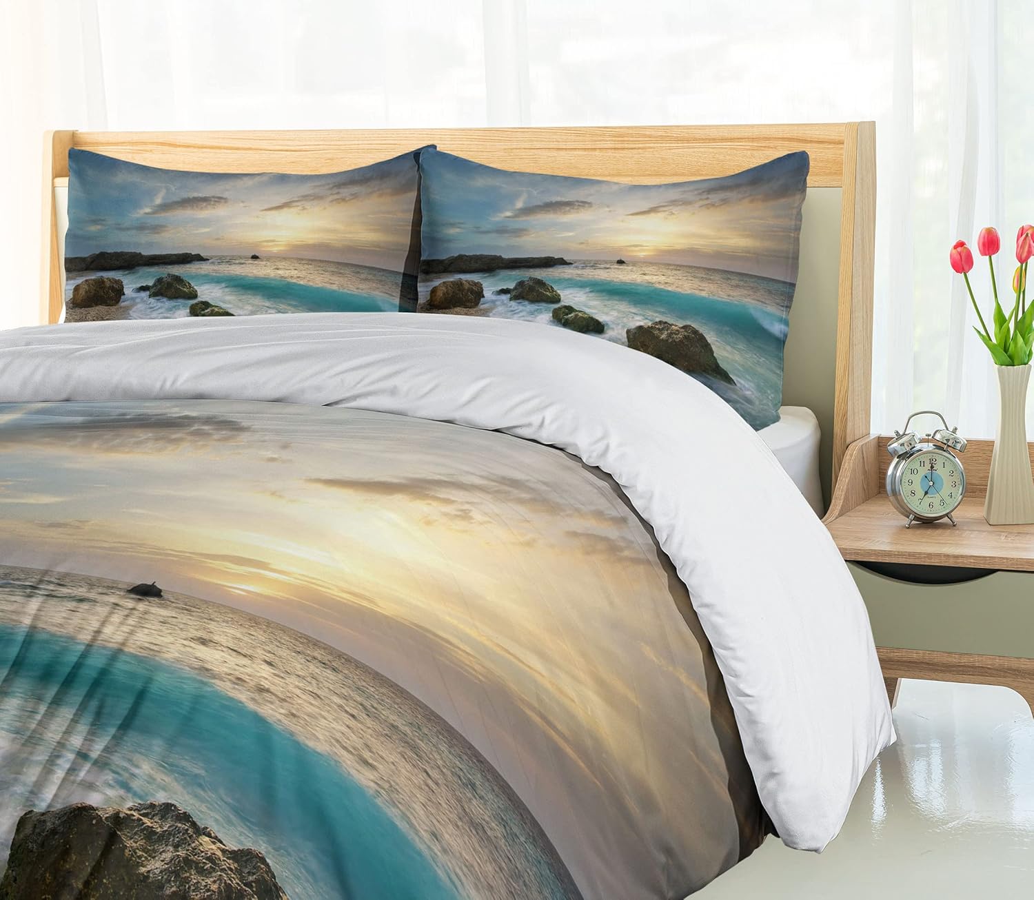 Ambesonne Ocean Duvet Cover Set, Seascape Composition of Nature Rocks Waves Cloudy Sky Rising Sun Beach Photo, Decorative 3 Piece Bedding Set with 2 Pillow Shams, Queen Size, Brown Blue Yellow Queen Brown Blue Yellow