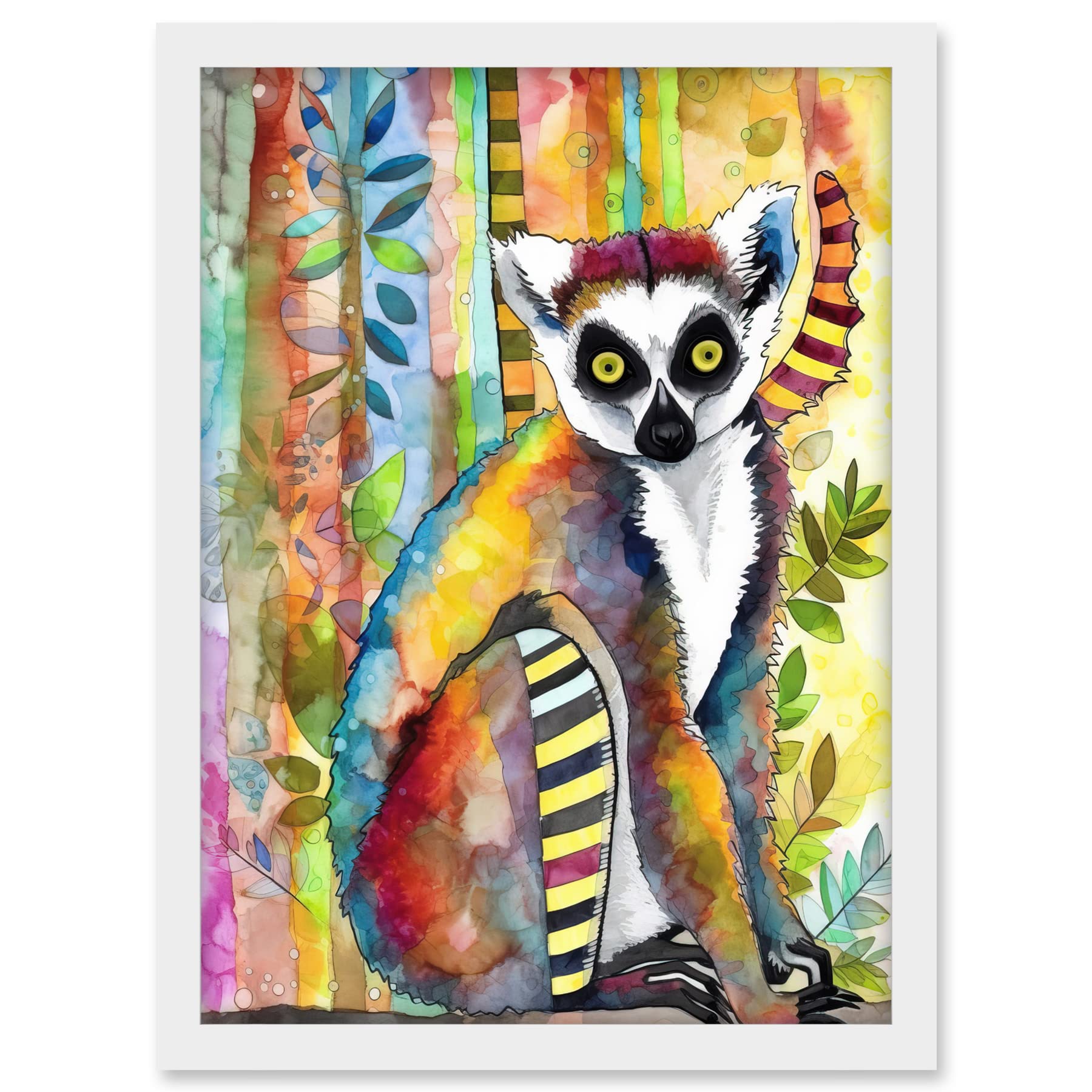 Artery8 Lemur Vibrant Portrait Folk Art Watercolour Painting Artwork Framed A3 Wall Art Print
