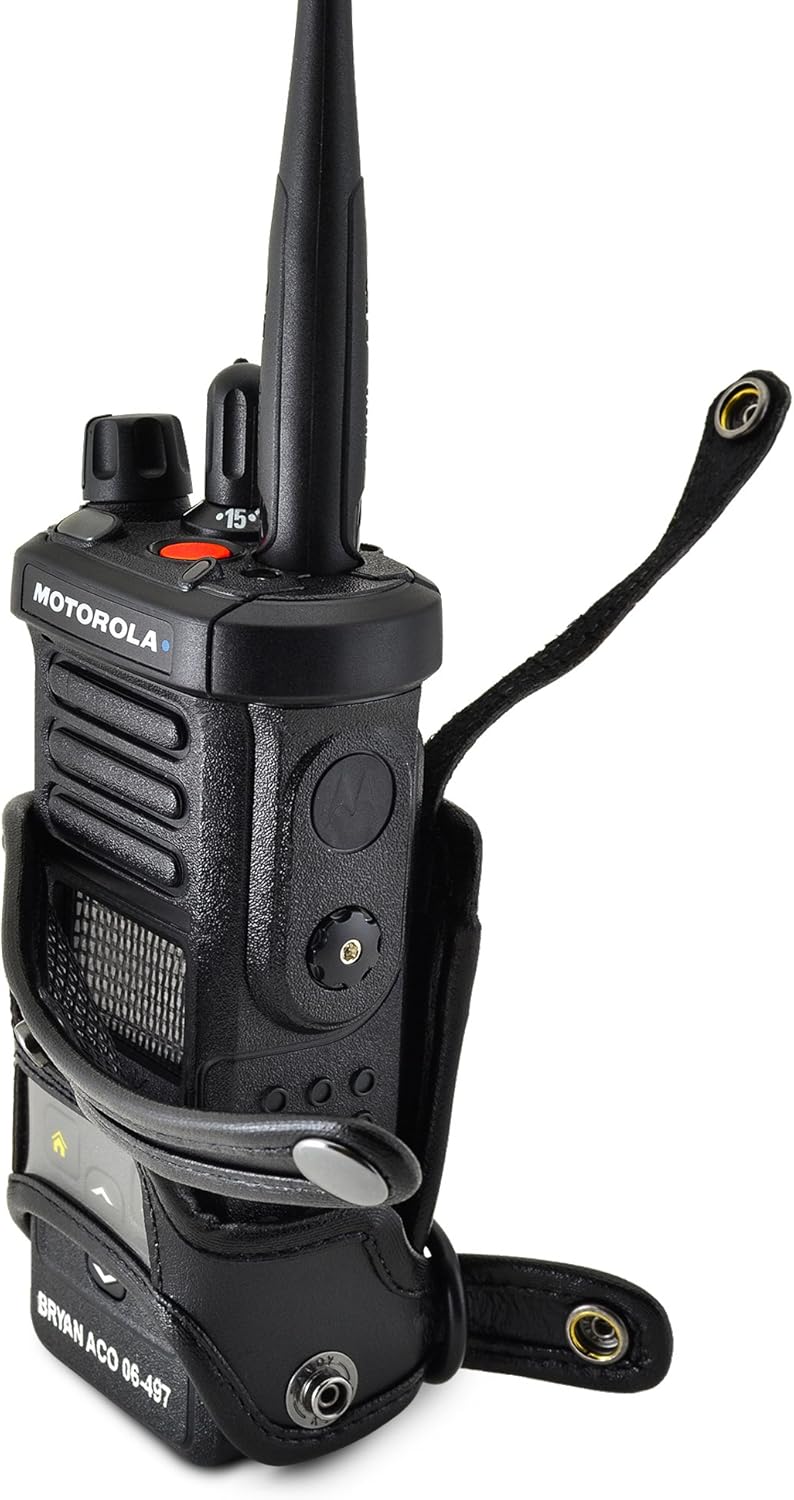 Turtleback Carry Holder for Motorola APX 4000 Fire and Police Two Way Radio Belt Clip Holster Case, Black Leather Pouch with Heavy Duty Rotating Ratcheting 2.25" Belt Loop