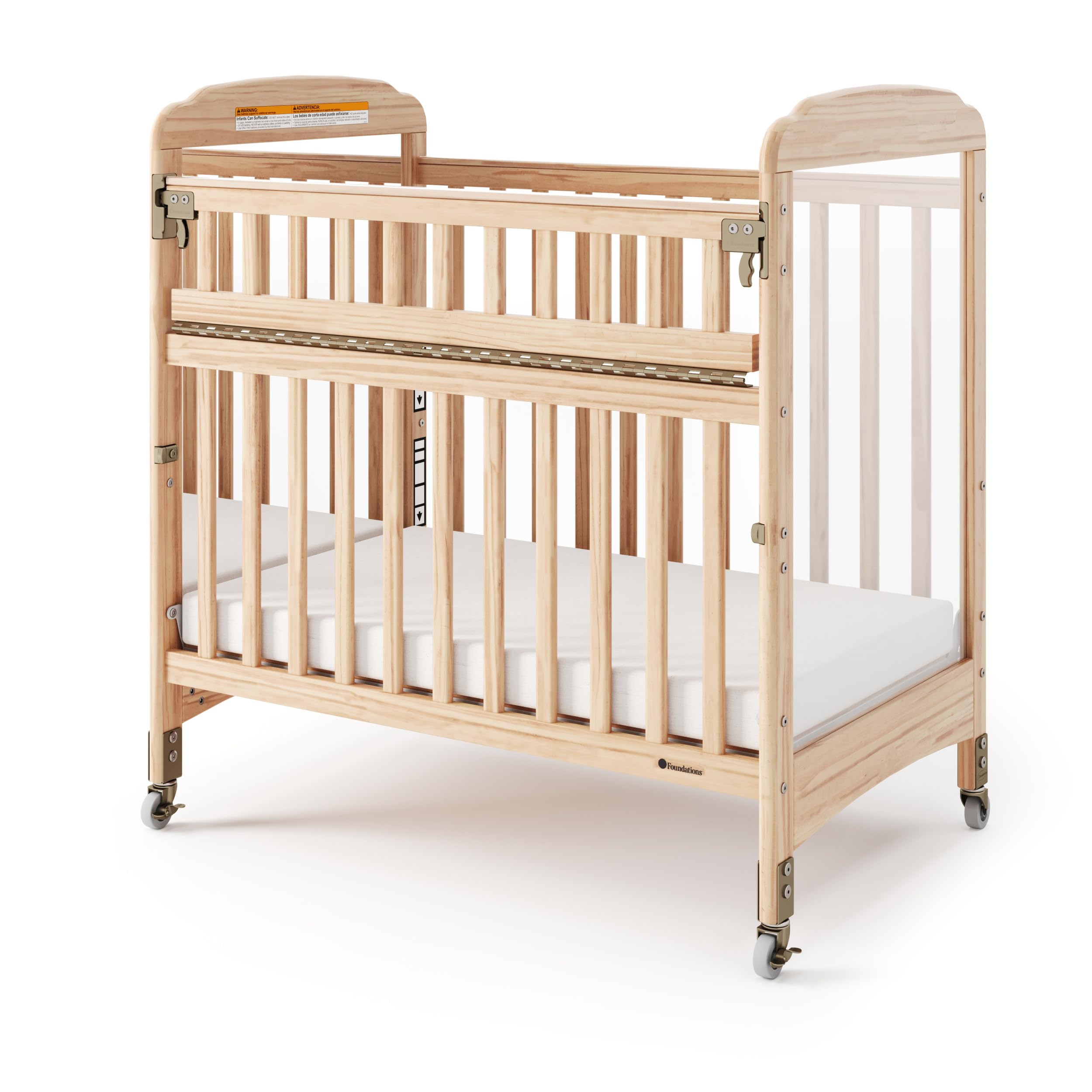 Foundations Serenity SafeReach Mirrorview Access Gate Compact Crib, Nonmarking Commercial Casers, Low Profile, Solid Steel Frame, Adjustable Mattress