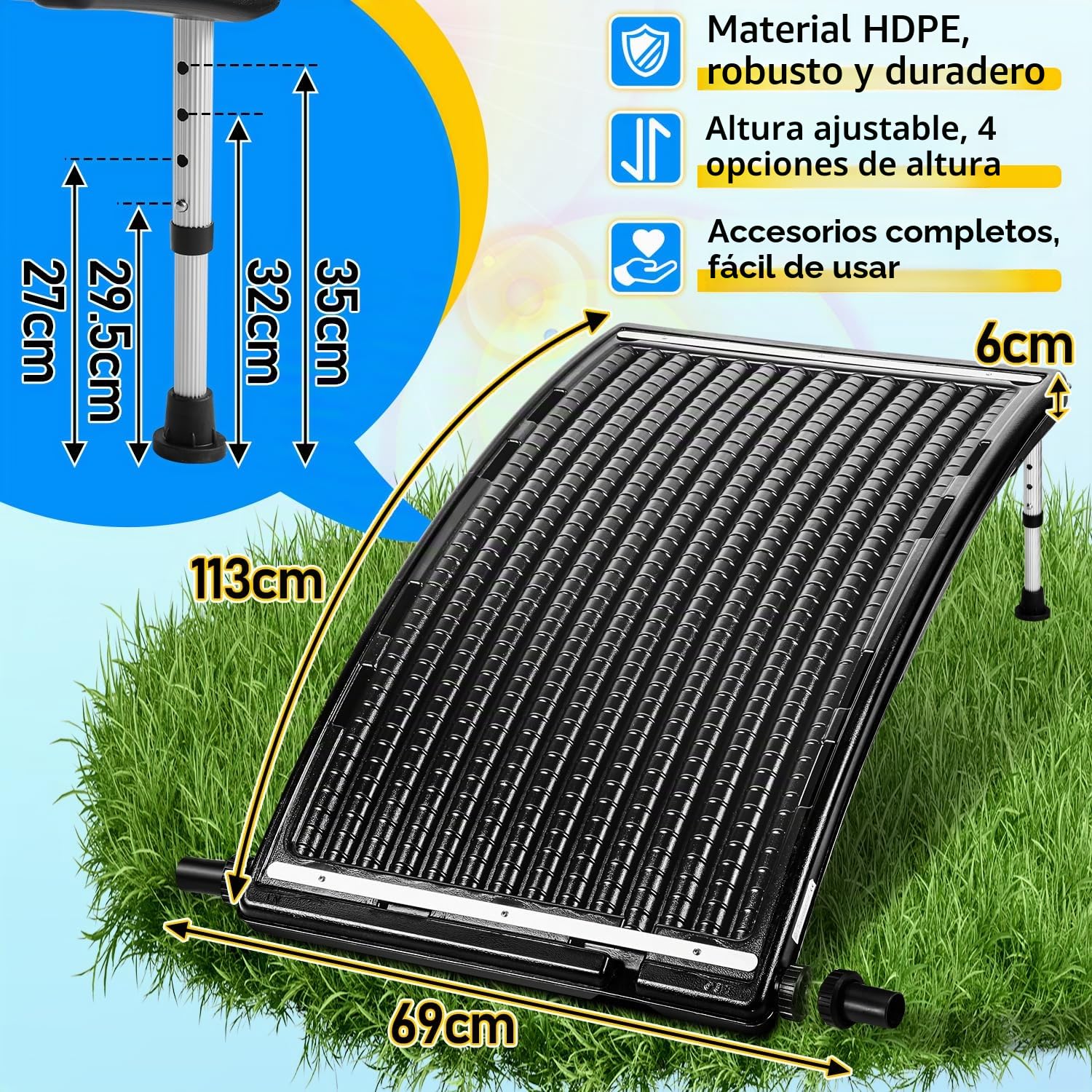 Fiqops Calentador solar de piscina, colector solar para piscina 113 x 69 x 35 cm, calefacción solar 10000 L/H, conexión de 32-40 mm, calentador solar para piscina ampliable, sistema solar para agua