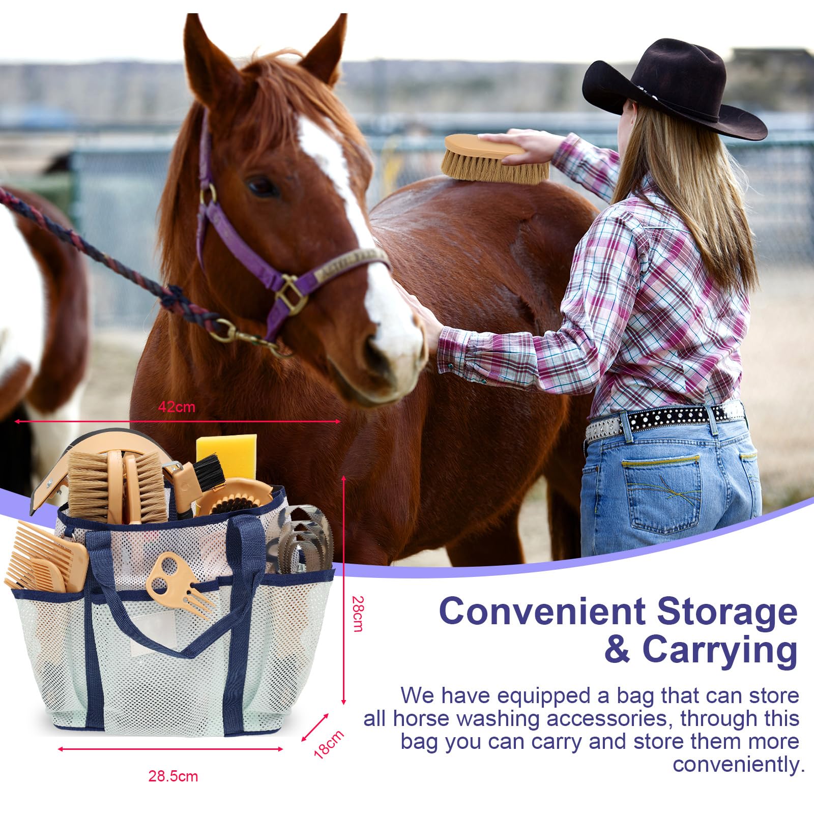 13-częściowy zestaw do pielęgnacji koni z 12 akcesoriami i 1 torbą do przechowywania, seria Horse Care Żółty, Szczotki dla koni, Szczotki z włosia, pielęgnacja koni