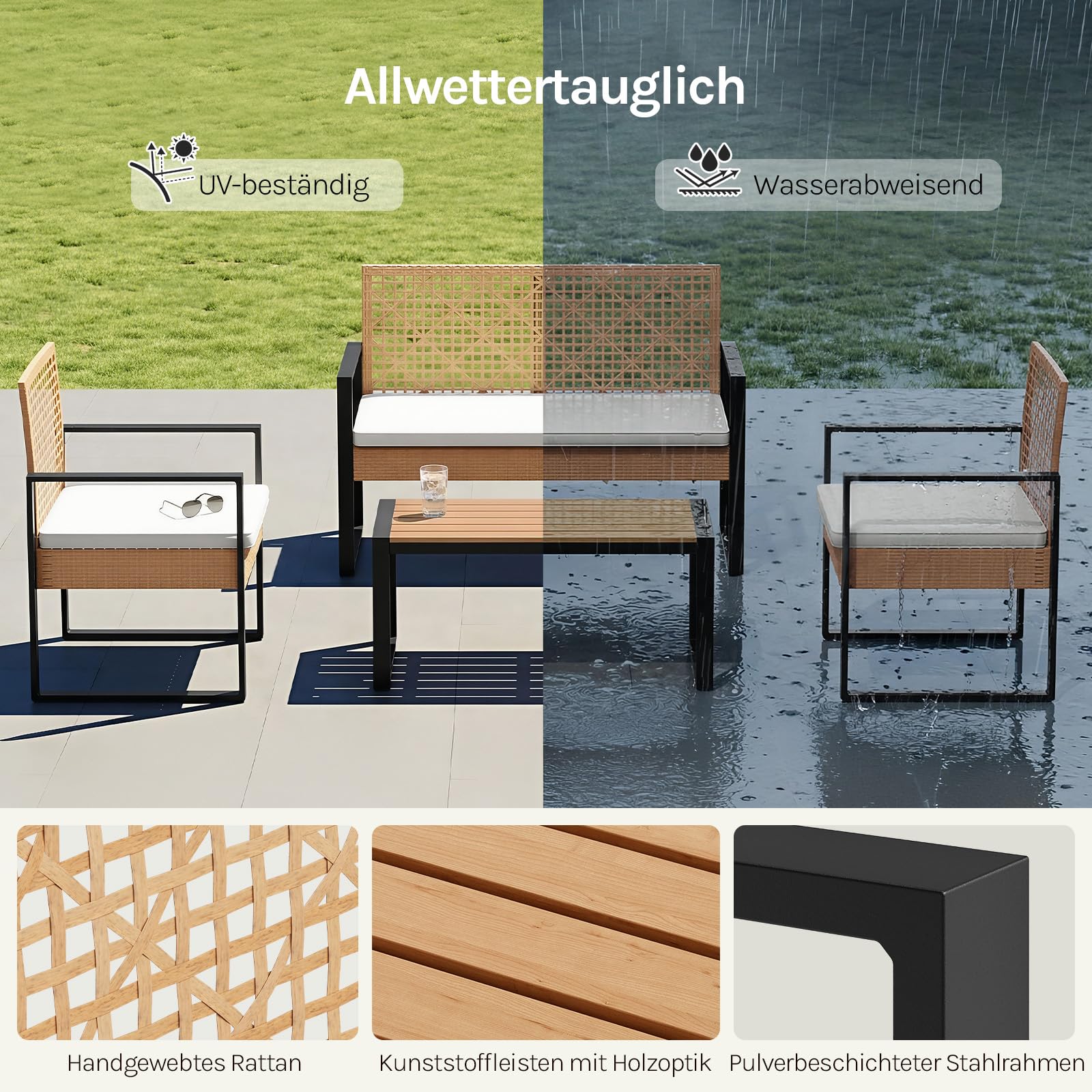 WOLTU Rattan Gartenmöbel 4-teilig mit 1 Sitzer Sofa 2 Sessel 1 Couchtisch und Kissen Lounge Möbel Outdoor Balkonmöbel Kleiner Balkon Sitzgruppe Gartencouch Terrassenmöbel Set für Garten Terrassen