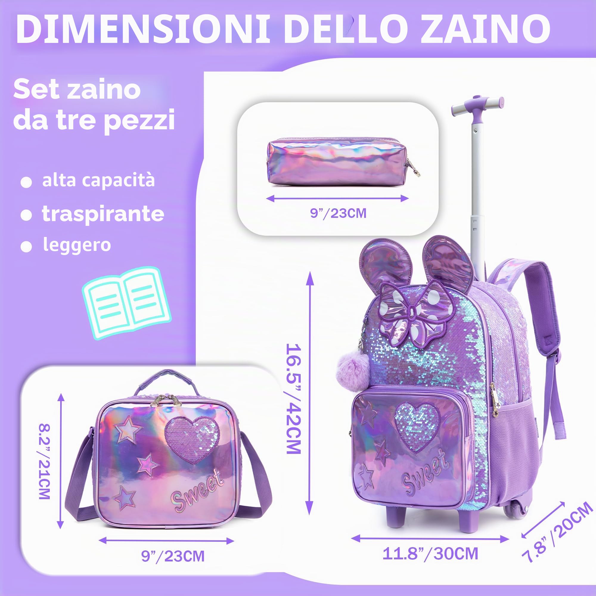 HTgroce 3pcs Zaino Scuola Bambino Trolley,Zaino Trolley Zainetto Ragazza Con Ruote Regolabile Pull Rod per Scuola Viaggio