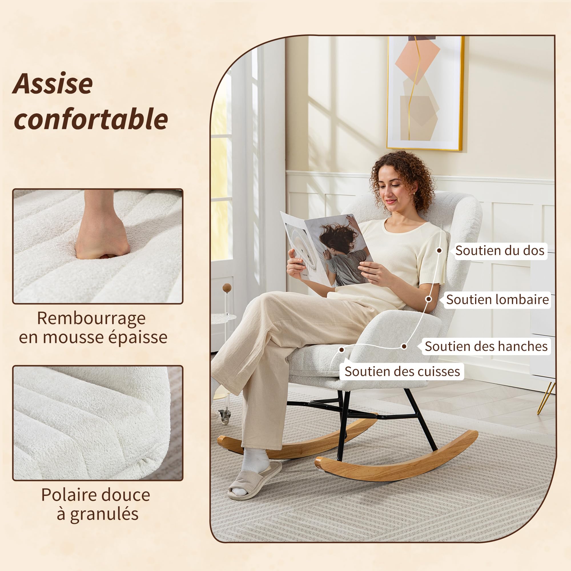 HOMCOM Fauteuil à Bascule, Rocking Chair en Velours, Chaise à Bascule avec Coussin, Assise rembourré, Dossier Haut, accoudoirs, Pieds en Acier et Base en Bois d'hévéa, pour Salon, Chambre, Blanc