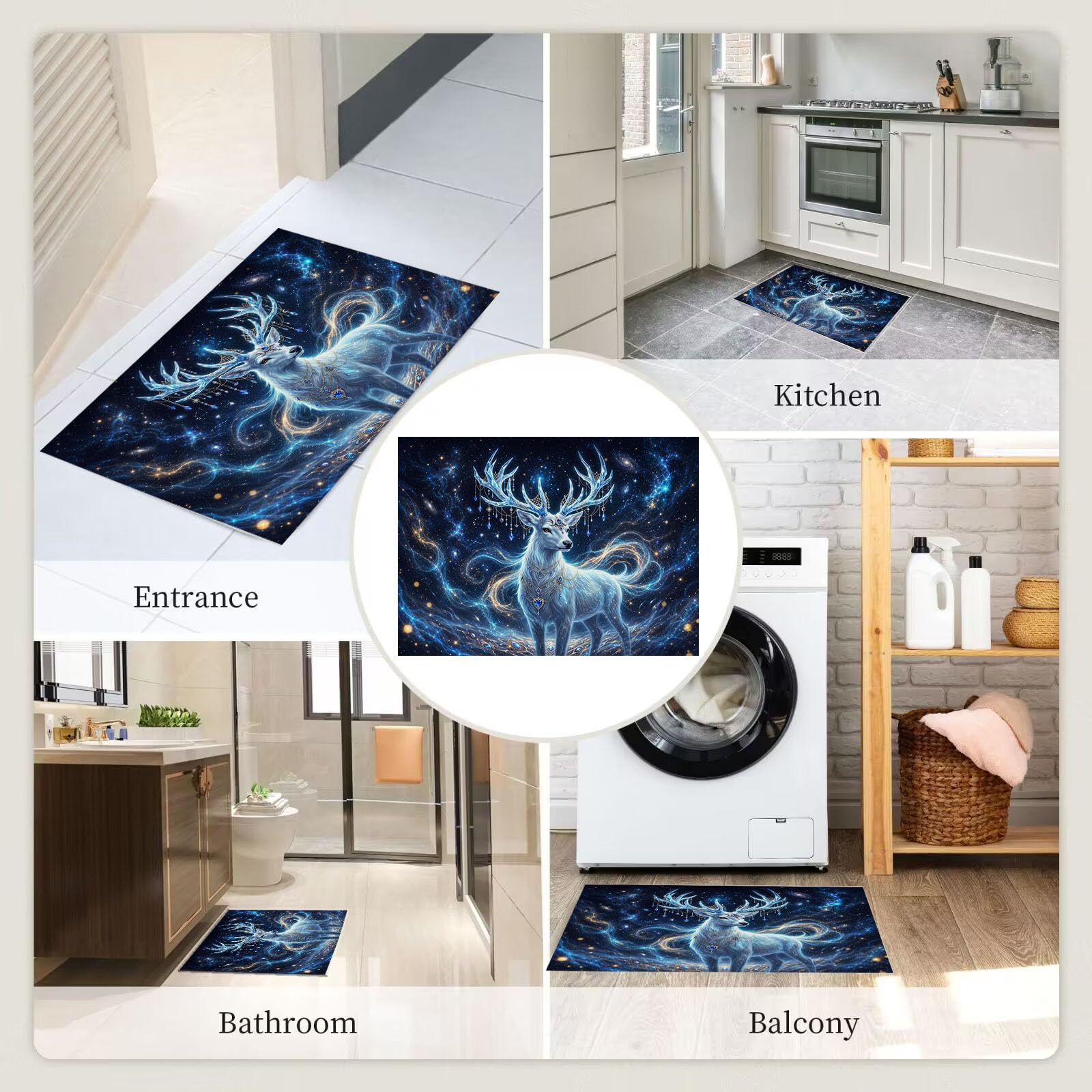 Felpudo Entrada Casa Antideslizante Reno Cristal Misterioso Para Interiores,Alfombras Entrada Fino Lavable,Animales Fantásticos Cielo Estrellado Alfombrilla Absorbente Para Pasillo,80X120Cm,Azul