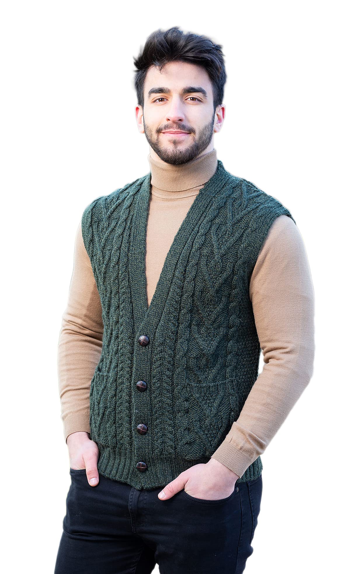 100% Merino Wool Mens V Neck Vest Sleeveless Irish Cable Knit Cardigan Sweater with Buttons and Pockets-image-12