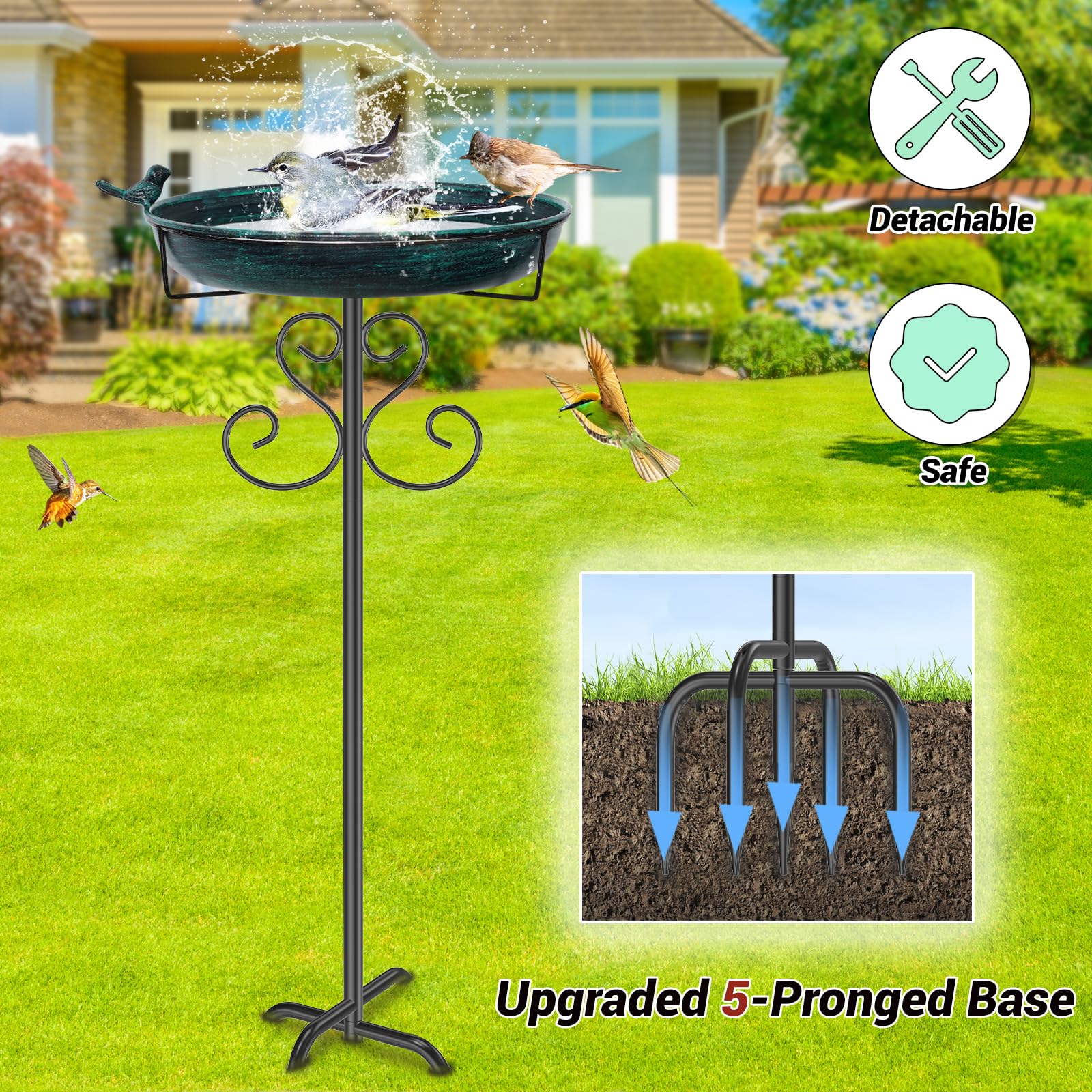 Metall Vogeltränke Stehend, 103cm Vintage Stehend Vogelbecken Schüssel mit Vogel Statue, Groß Wildvogeltränken Wassertränke Winterfest Futter für Draußen Garten (Vintage Grün)