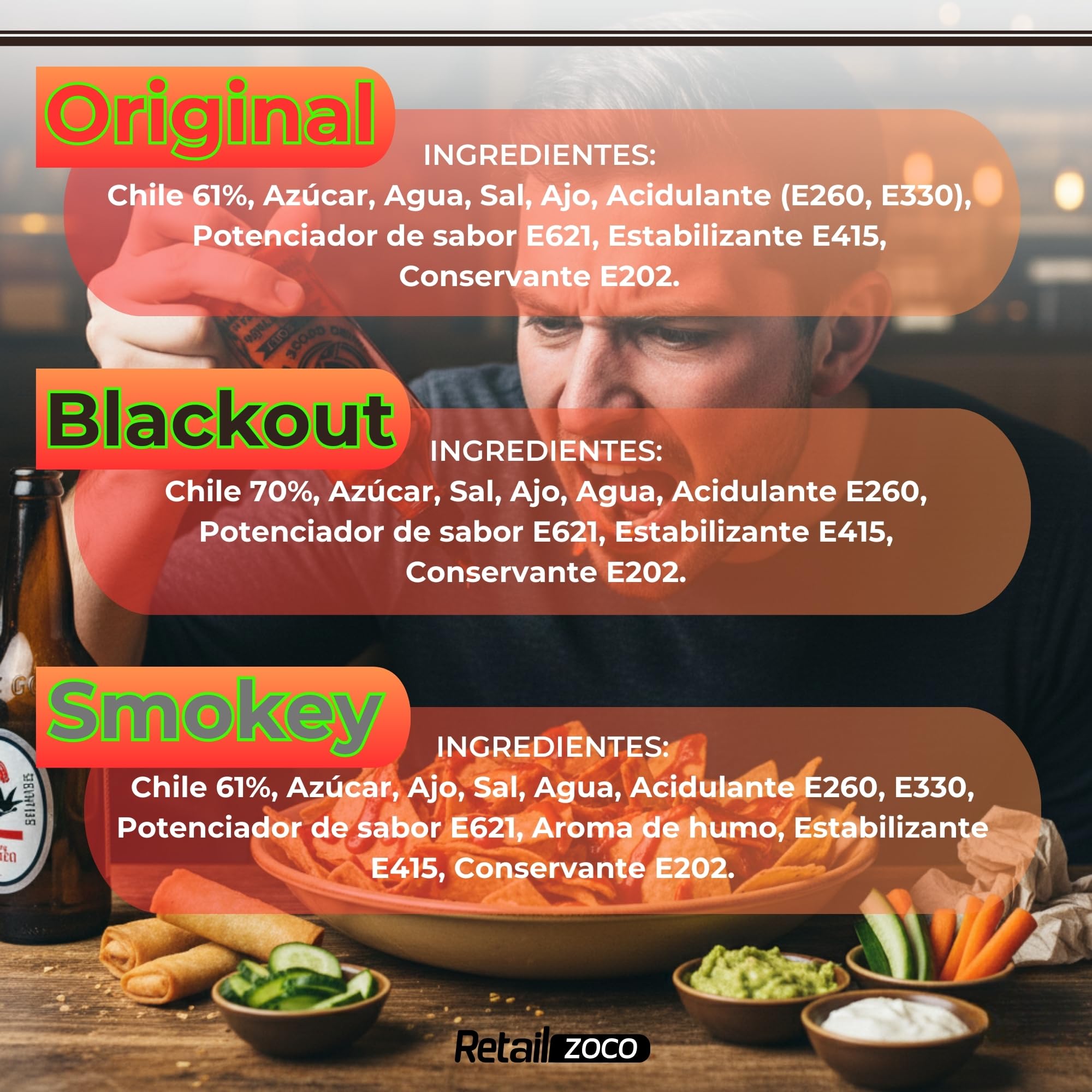 Pack degustación Flying Goose Salsas de chile Picante Sriracha Original 455 ml + Sriracha Black Out 455 ml + Siracha Smokey Ahumada 455 ml, Ideal para dipear, hamburguesas y otros, 3 botes de 455 ml