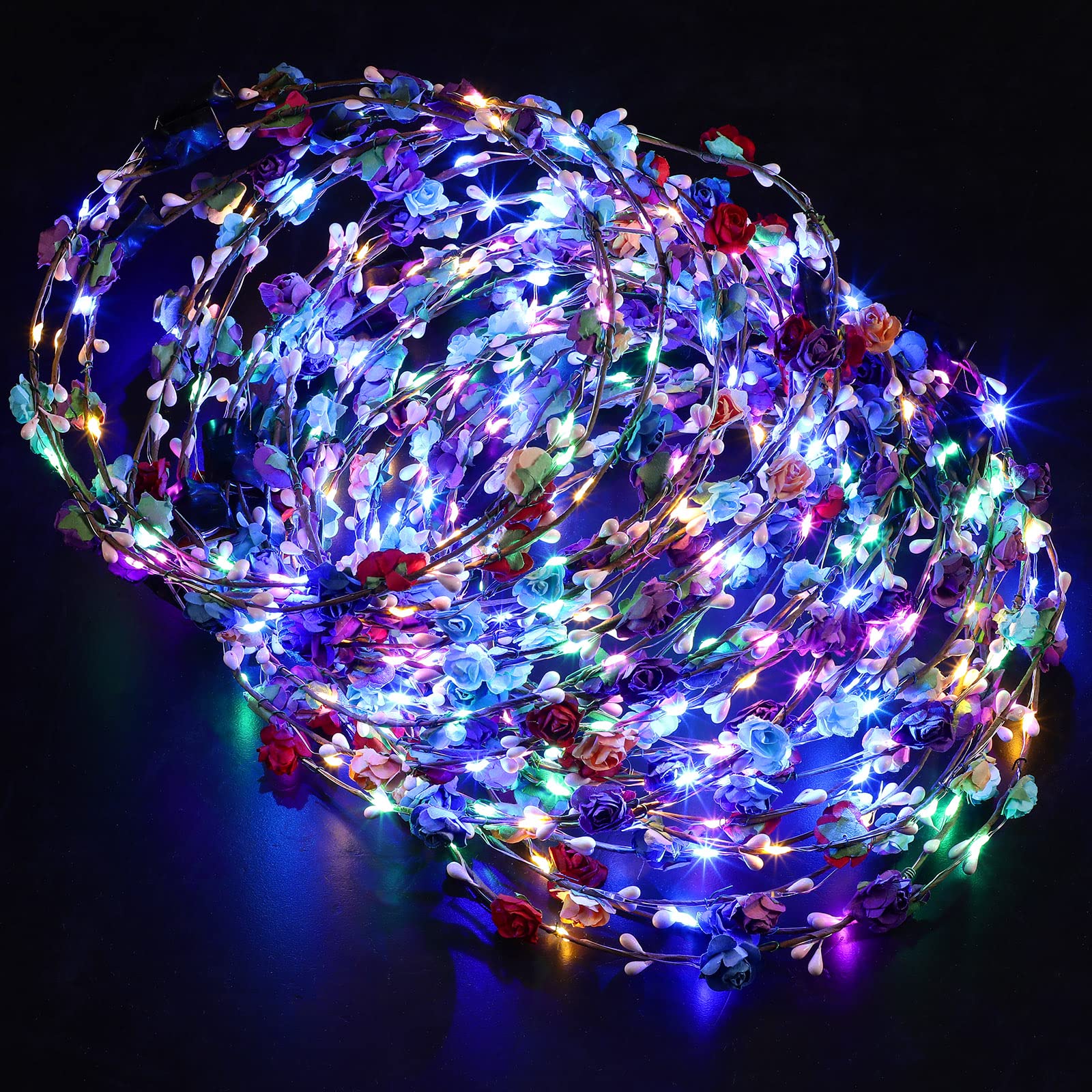 Janinka 70 Pcs LED Flower Crown Light Up Wreath Headband Hair Accessories Crown Luminous Head Band Tiara Glow Floral Headpiece Flower Headdress for