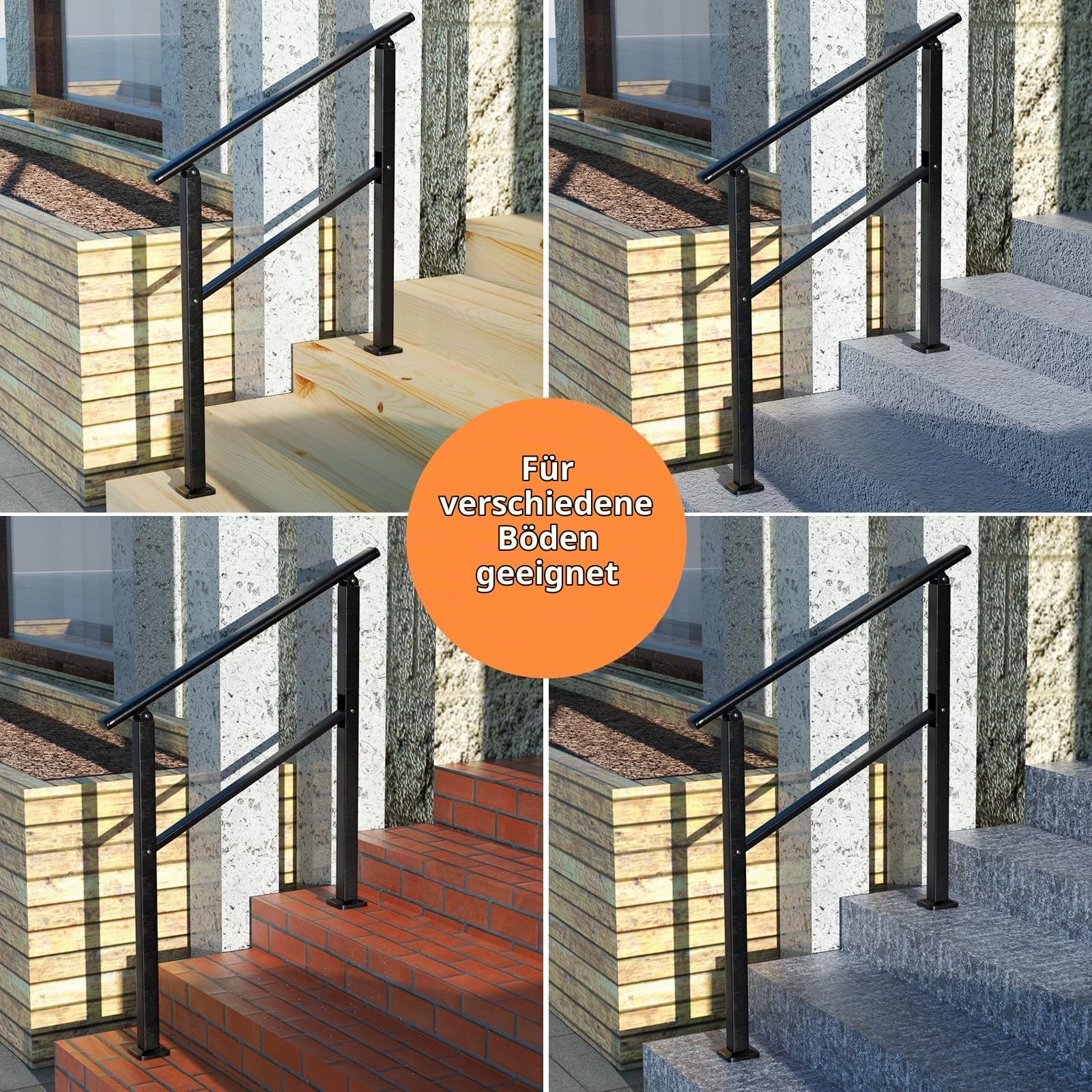 Homtone 90x90cm Treppengeländer, Mattschwarzes Eisen Handläufe für Treppen im Freien Fit 2 bis 3 Schritte Übergangsgänder mit Installationssatz Handlauf Edelstahlschrauben, für Garten, Garage, Veranda
