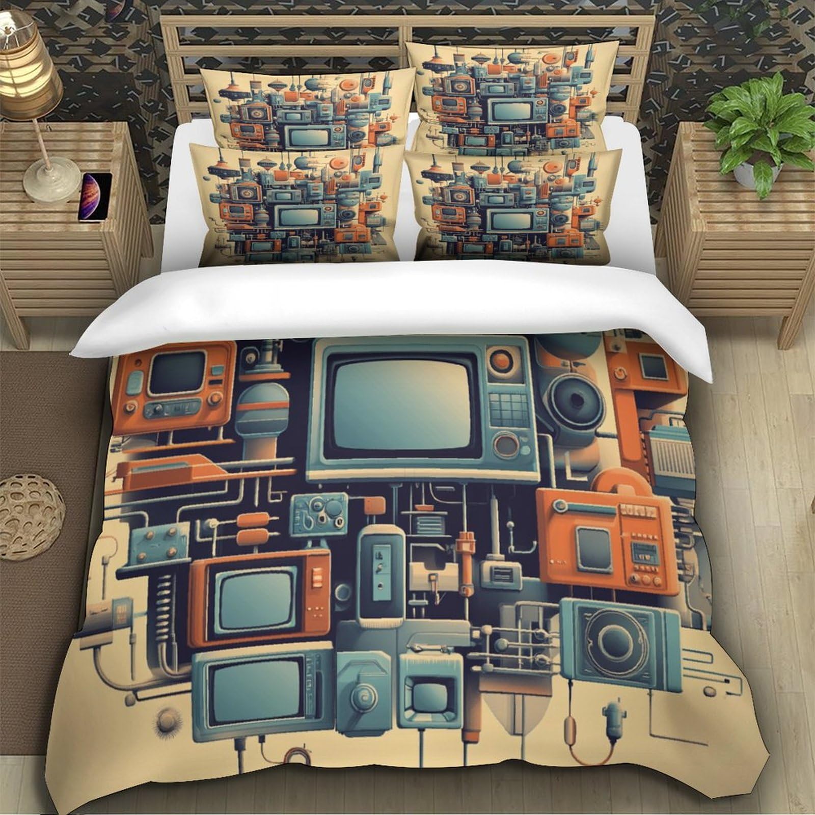 Retro-Technik-Gadgets 3D Bedruckt Bettbezug 3teilig Mikrofaser fleckenfest Vintage-Mechanik Deckenbezug 2 Kissenbezüge hautfreundlich Jugendzimmer Deko Super King（260x220cm）