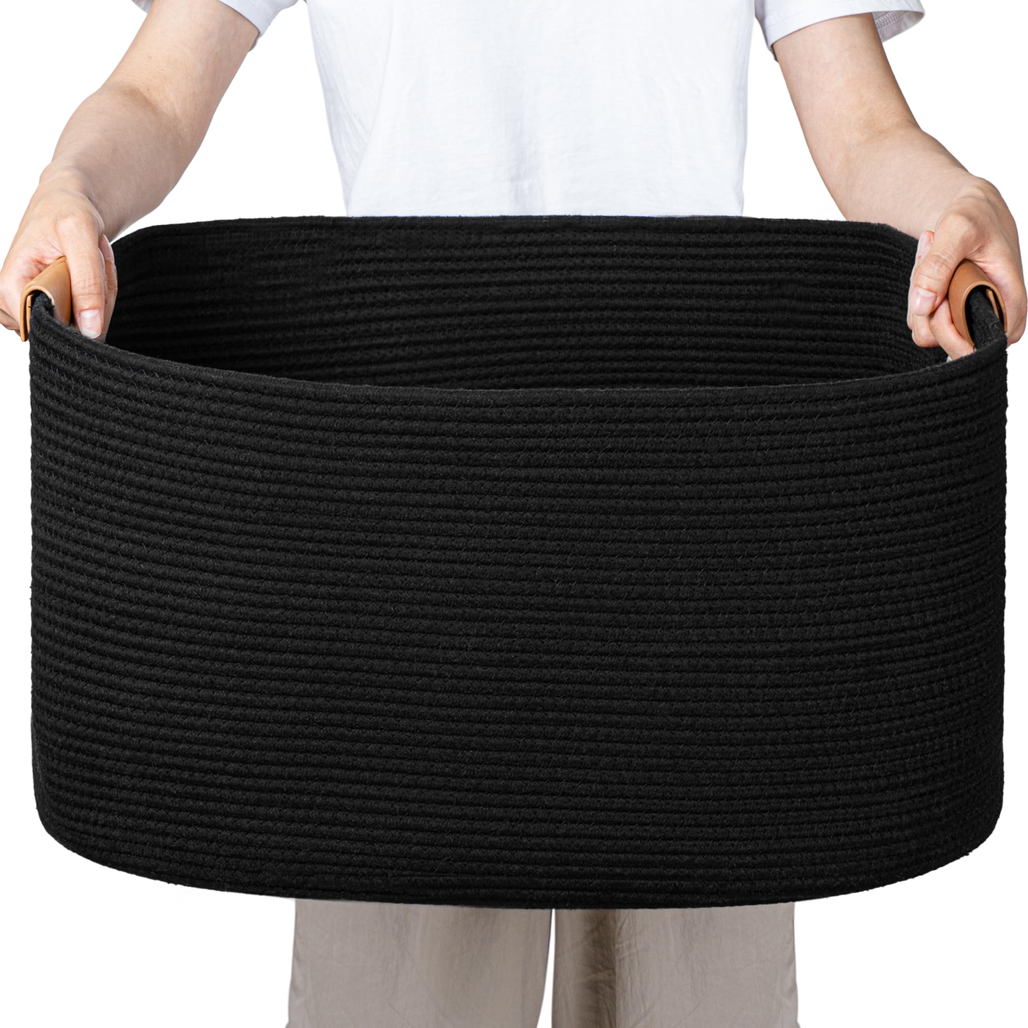 danpinera Large Woven Basket, 50L Large Blanket Basket for Living Room, Nursery, Cotton Woven Hamper for Toy Organizing & Laundry, 18.11’’*14.17’’*11.81’’Black