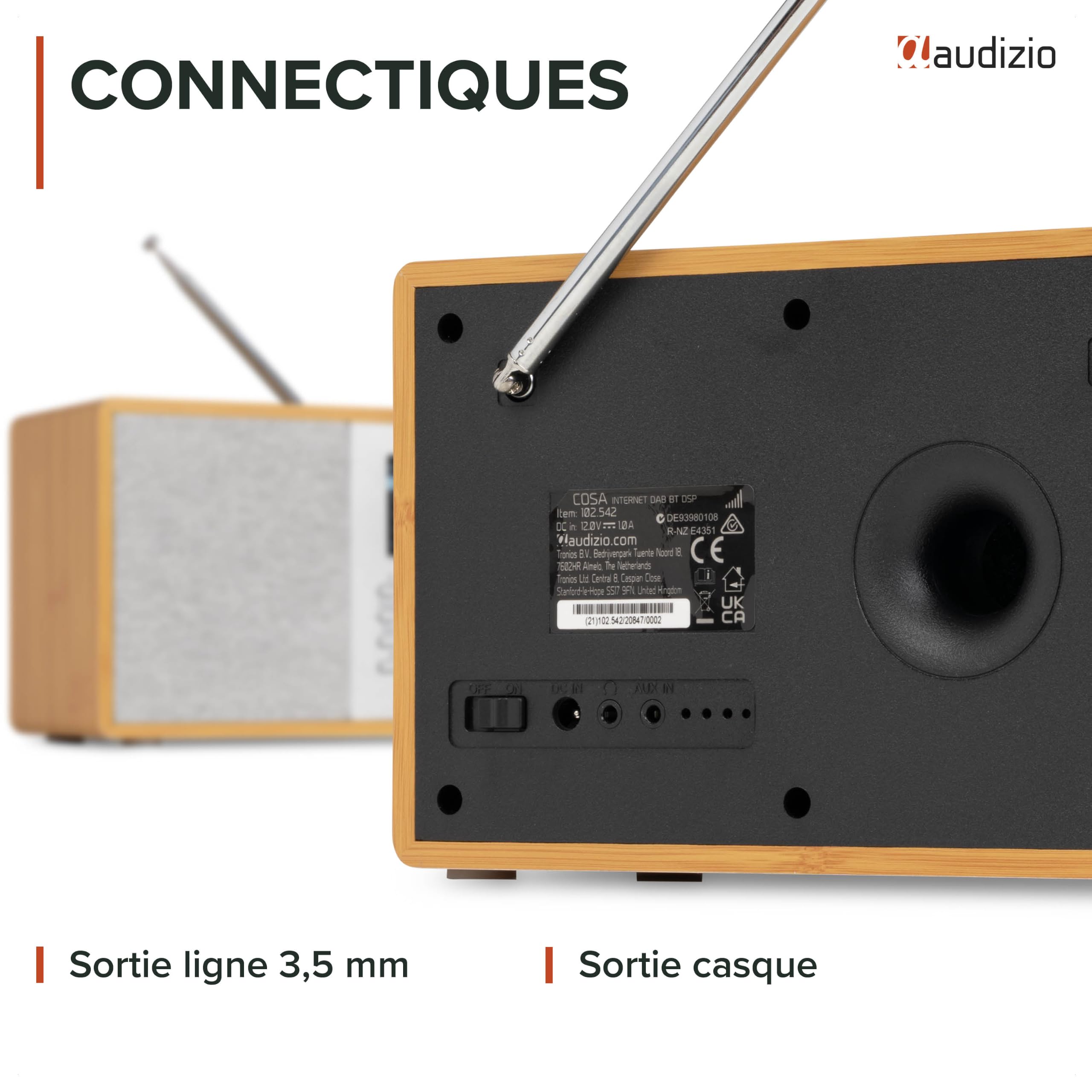 Audizio Cosa Radio Internet Wi-FI Dab+ FM BT 5.2 Bambou, Radio Numérique Compacte 30 W avec Écran Couleur 2,4", Plus de 32 000 Stations, Réveil, Entrée AUX et Sortie Casque