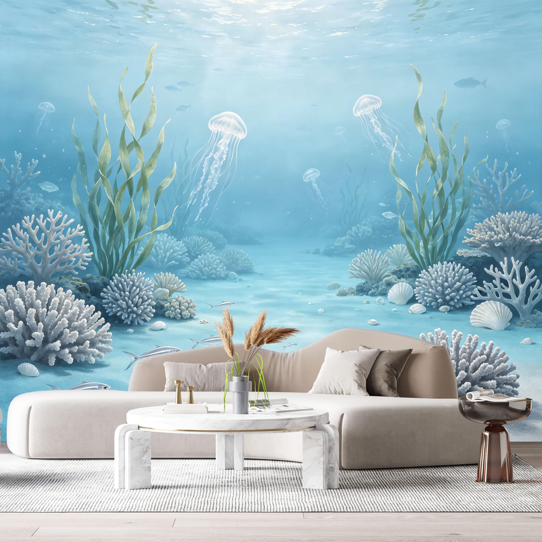 Custom Size Wall Murals Ocean Marine Watercolor Jellyfish Coral Reef SelfAdhesiveWall Fabric Removable Wallpaper Wall Decor for Living Room Bedroom Bathroom