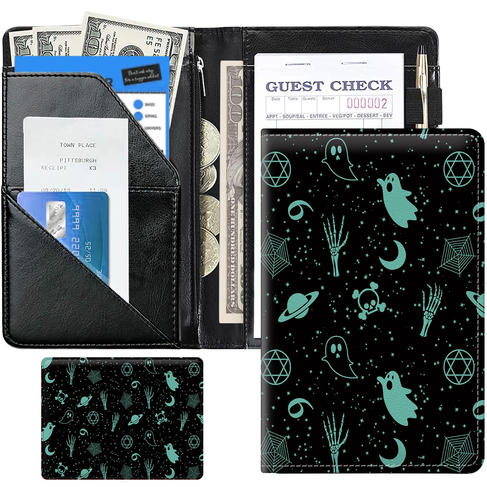 Skull Gothic Cute Server Books for Waitress, Waiter Book Server Wallet with Zipper Money Pocket, Waitress Ticket Book Holder Restaurant Waitstaff