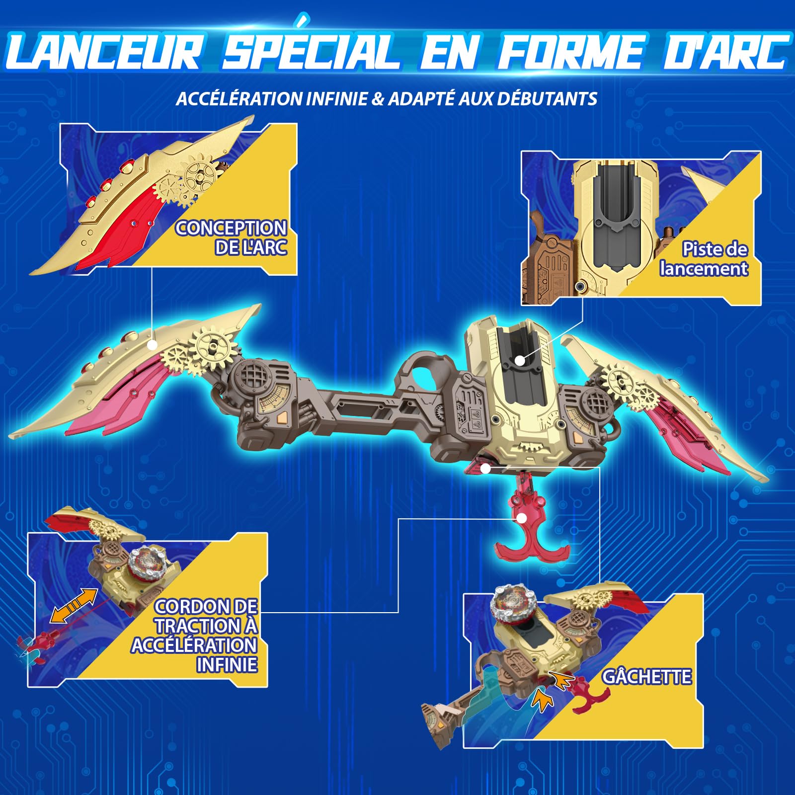 INFINITY NADO S7 Toupie avec Lanceur Arc Accélération Infinie, toupie métallique Type défense Rotation vers la Droite, Jouets pour garçons et Filles de 5+, kit de démarrage, Fiery Blast Wheel, Rouge