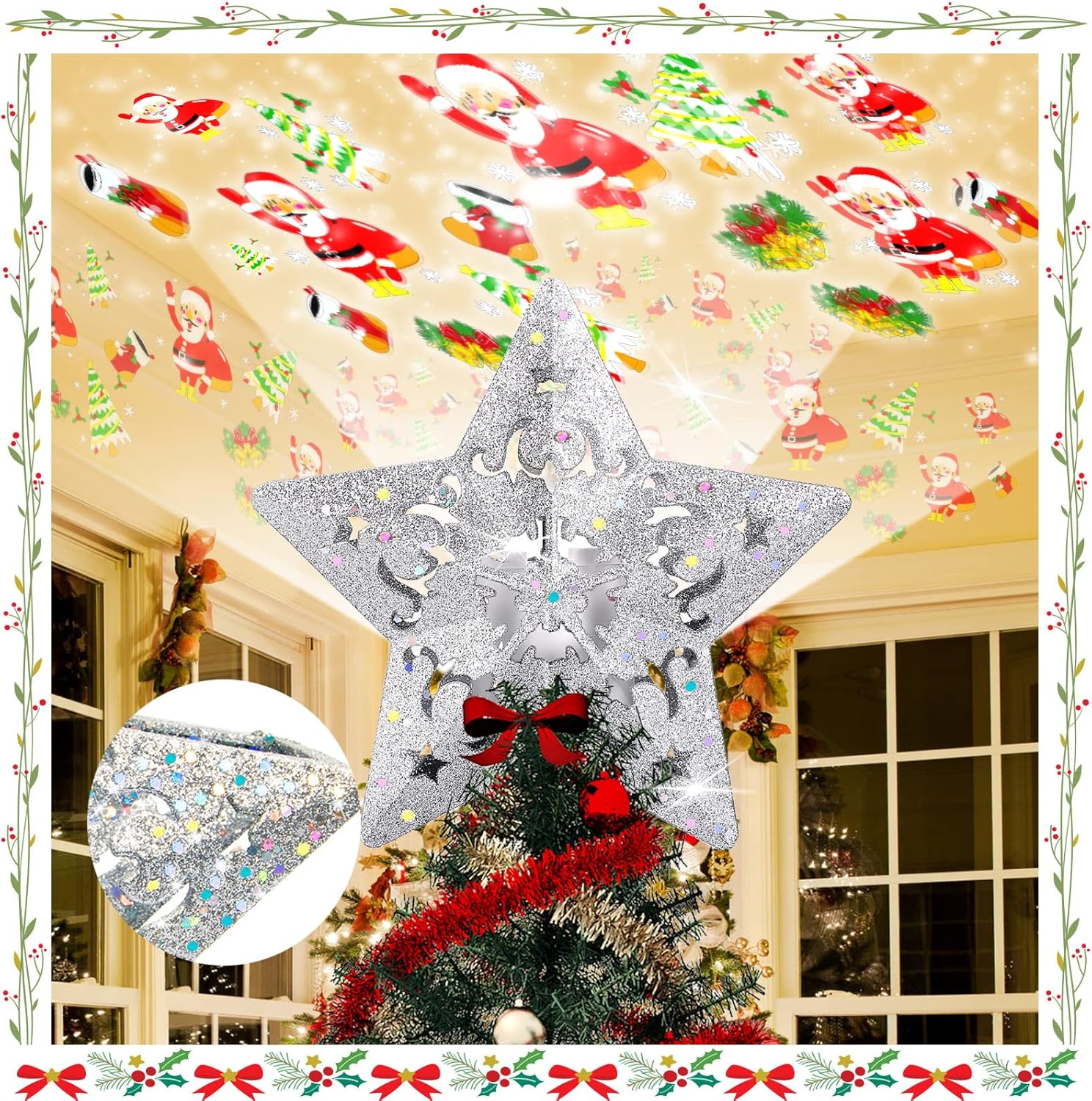 Christmas Tree Topper with 3D Santa Bells Star Projector,fohuas LED Rotating Santa Claus Xmas Tree Light lamp,Glitter Sparkling Silver Snow Tree-top Romantic Decoration Ornament (Silver Star-Santa) Christmas Tree Topper with 3D Santa Bells Star Projector,fohuas LED Rotating Santa Claus Xmas Tree Light lamp,Glitter Sparkling Silver Snow Tree-top Romantic Decoration Ornament (Silver Star-Santa)