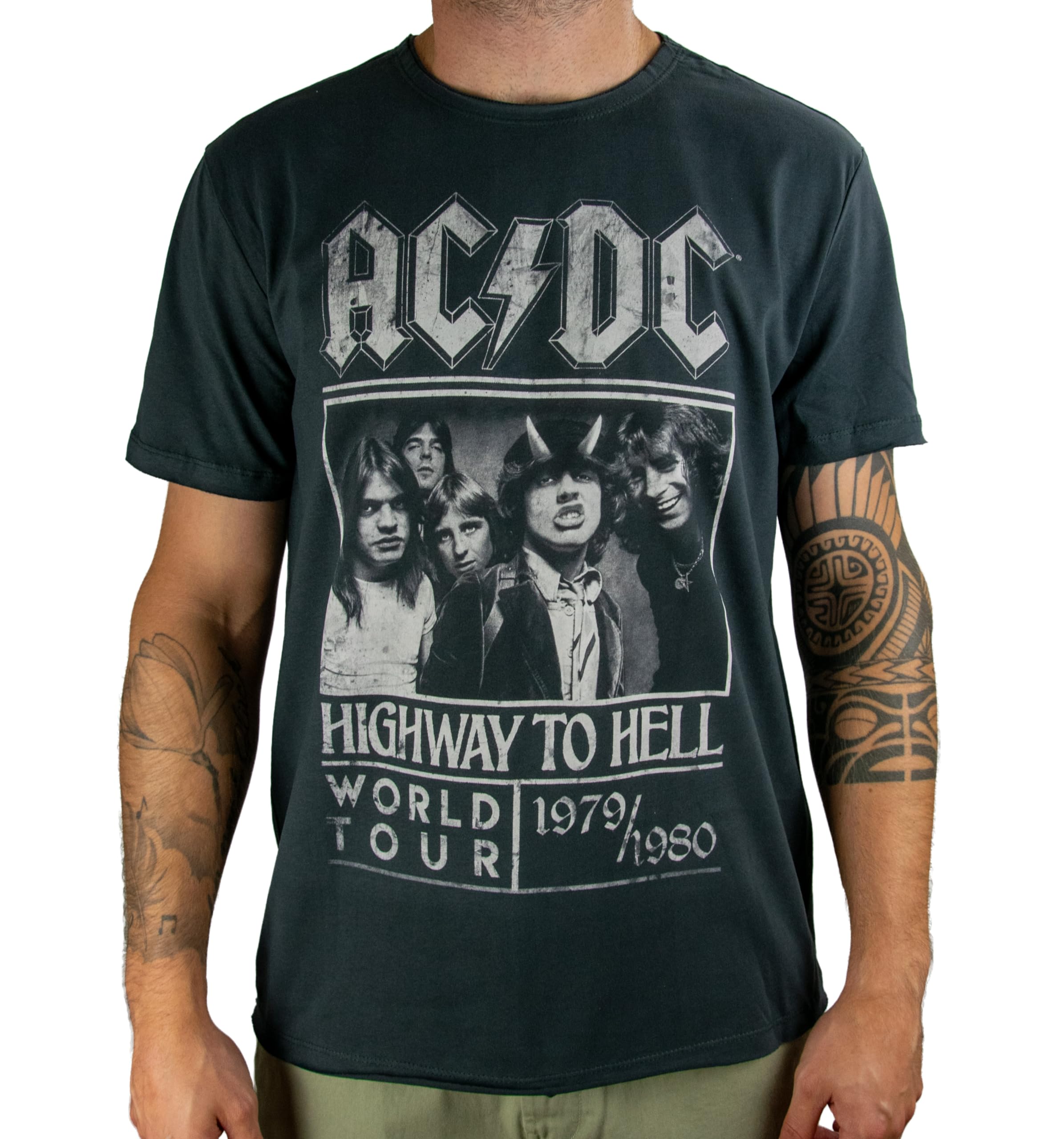 Amplified ACDC Highway to Hell Poster Unisex T-Shirt Charcoal (XX-Large)
