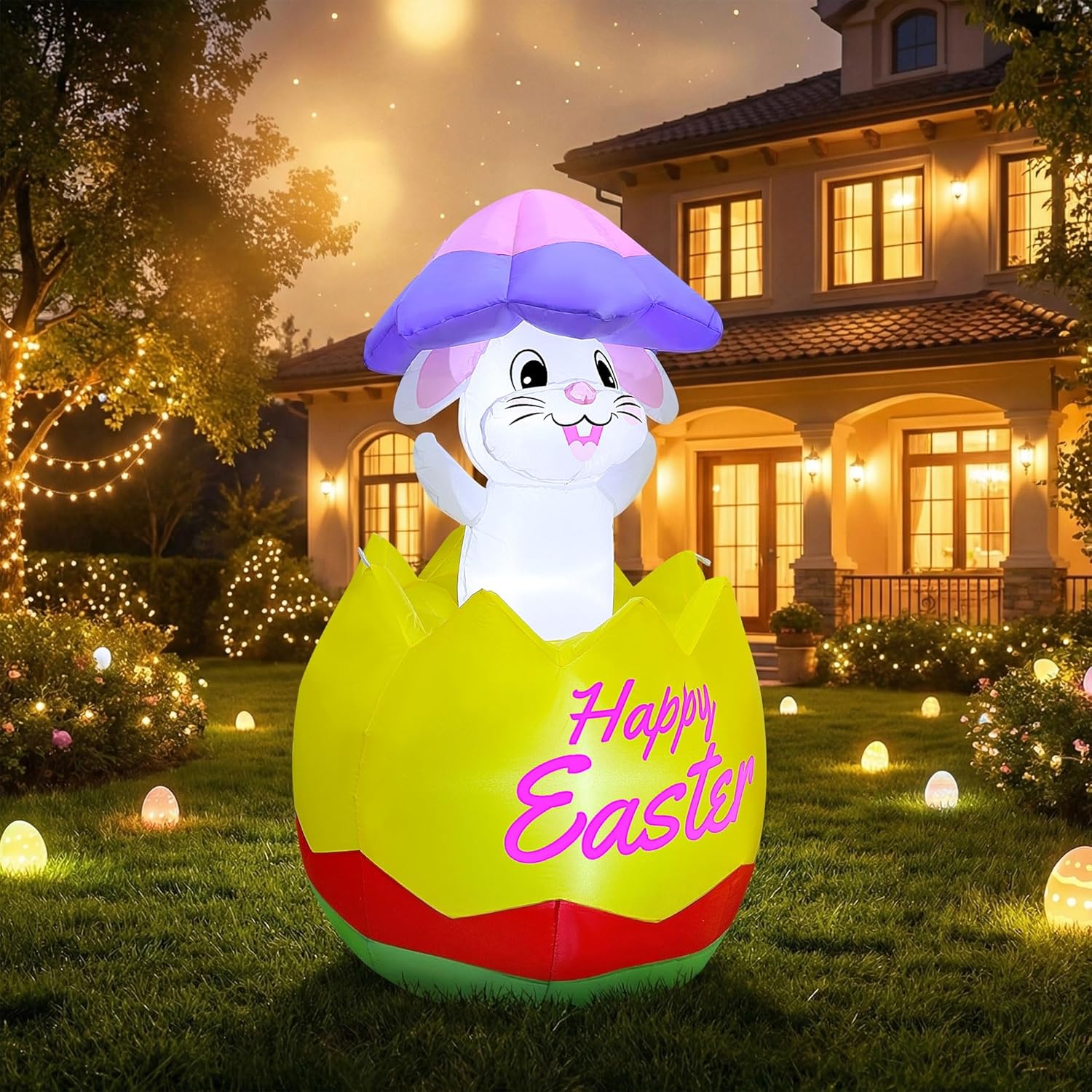 Joliyoou 5FT H Easter Inflatable Outdoor Decoration, Air-Blown Bunny in Egg with Shell on Head, Blow Up Rabbit with Built-in LED Lights for Lawn Yard Garden Holiday Party Indoor Outdoor Decor - Image 8