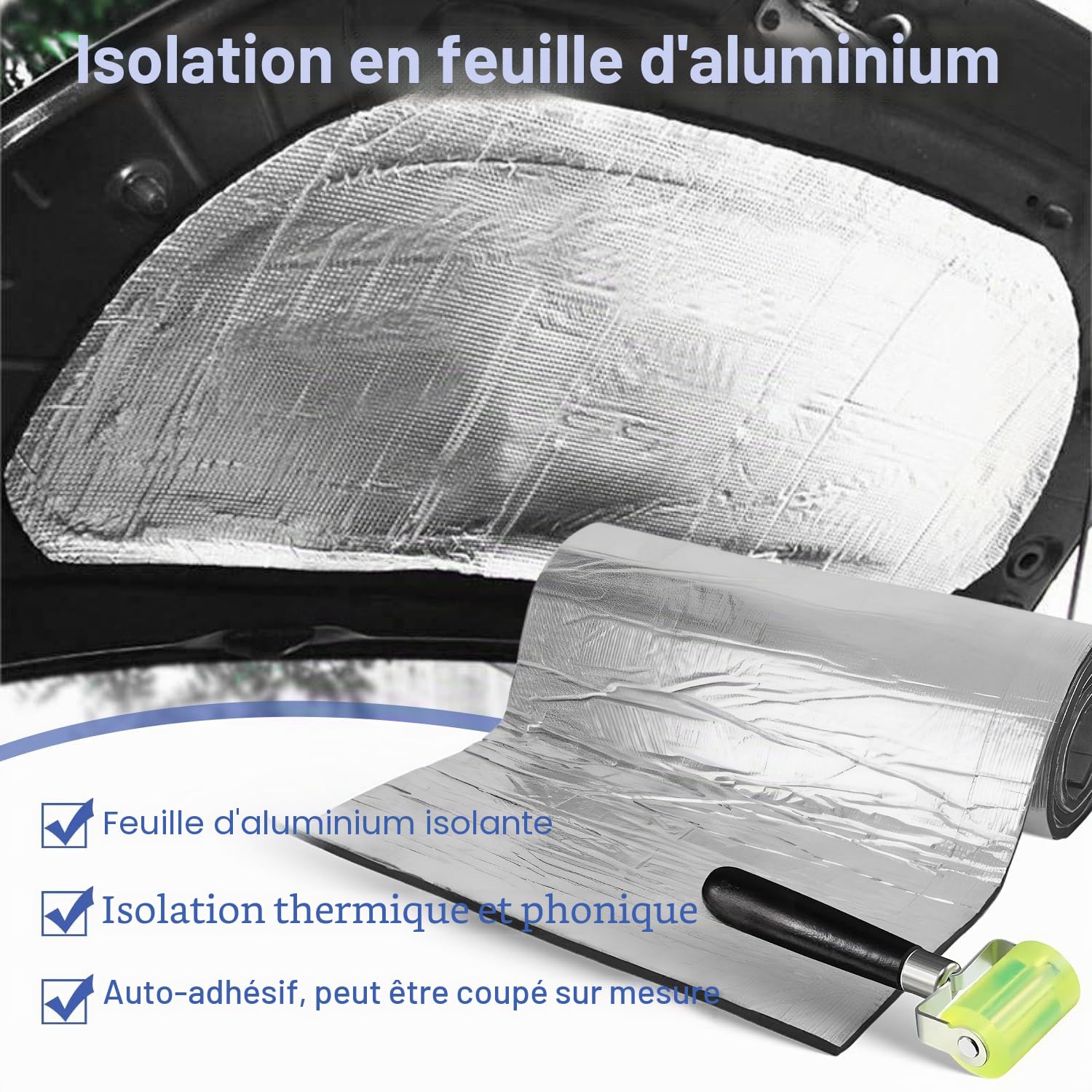 1 Feuille de Isolation Phonique Auto Adhésive Argentée 5 mm épaisseur 40 cm x 200 cm avec Outil Roue Préssante Isolant Phonique Voiture pour Insonorisation Capot Moteur 0.8㎡
