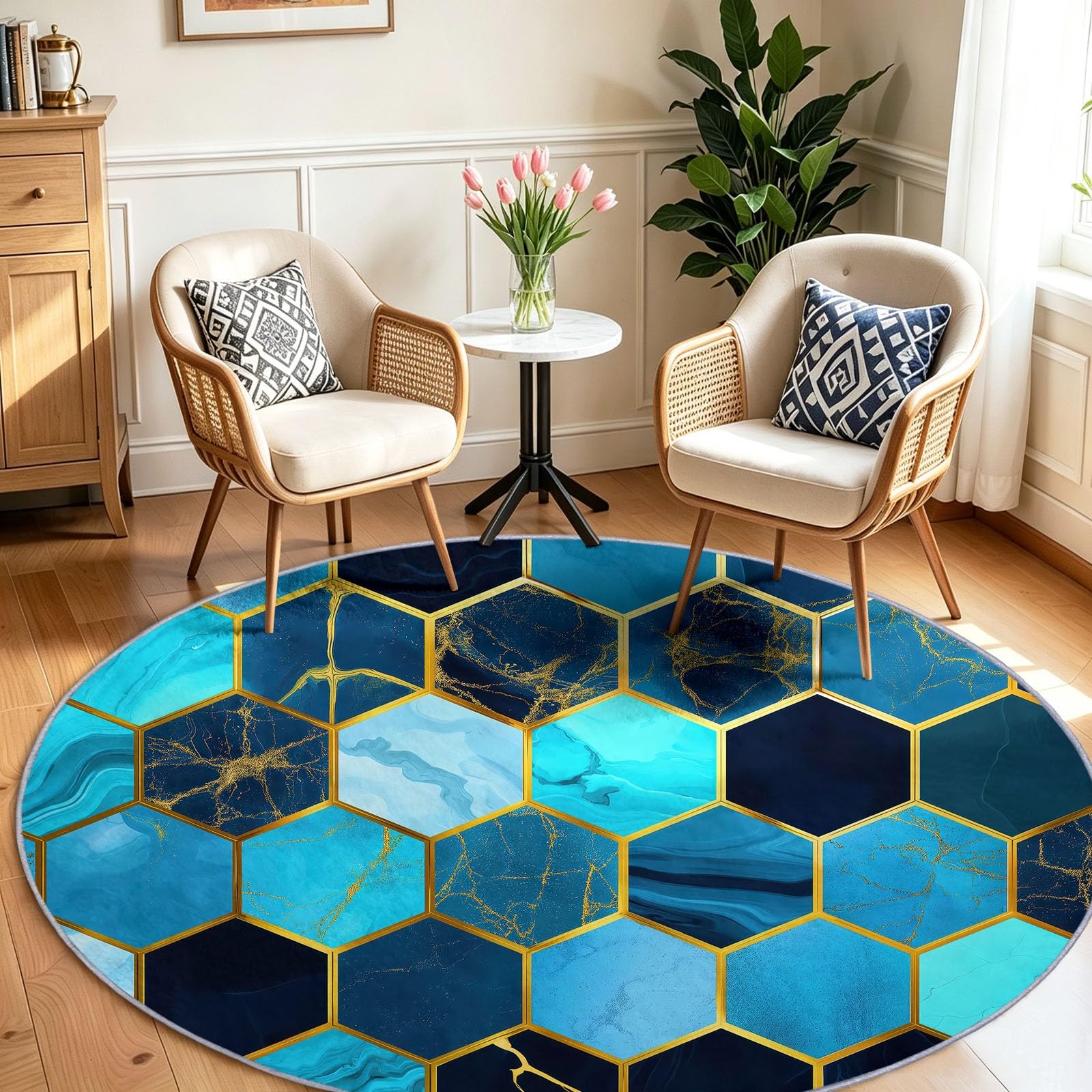 Tappeto rotondo per soggiorno, 150 cm, piastrelle in marmo esagonale, lavabile, per camera da letto, moderno, geometrico, antiscivolo, antiscivolo, morbido, a pelo basso, per camera dei bambini