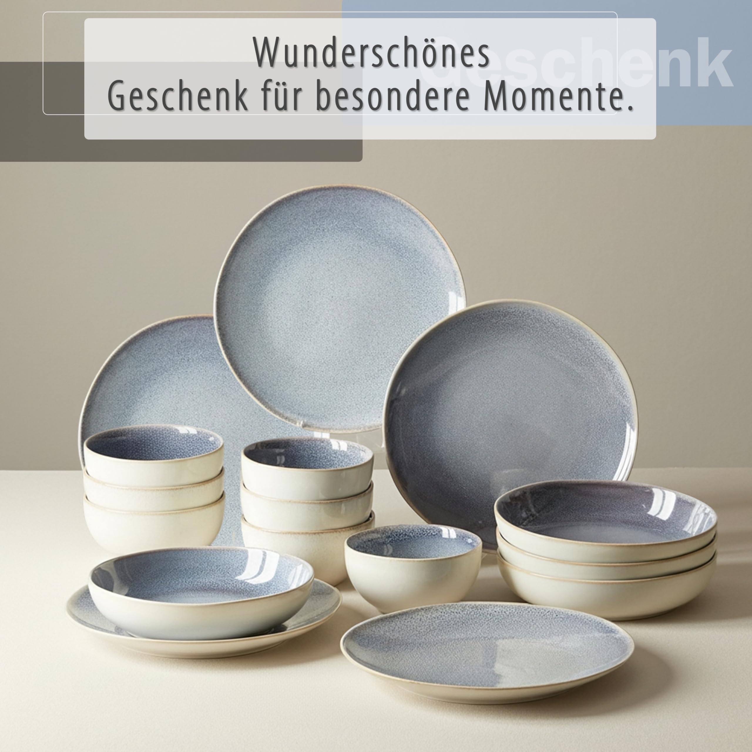 Jiwoo Geschirrset 16 tlg Tafelservice für 4 Personen aus Bone China | Mit Tellern, Suppentellern & Schüsseln – handgefertigte Reaktivglasur, Bone China, spülmaschinen- & mikrowellengeeignet