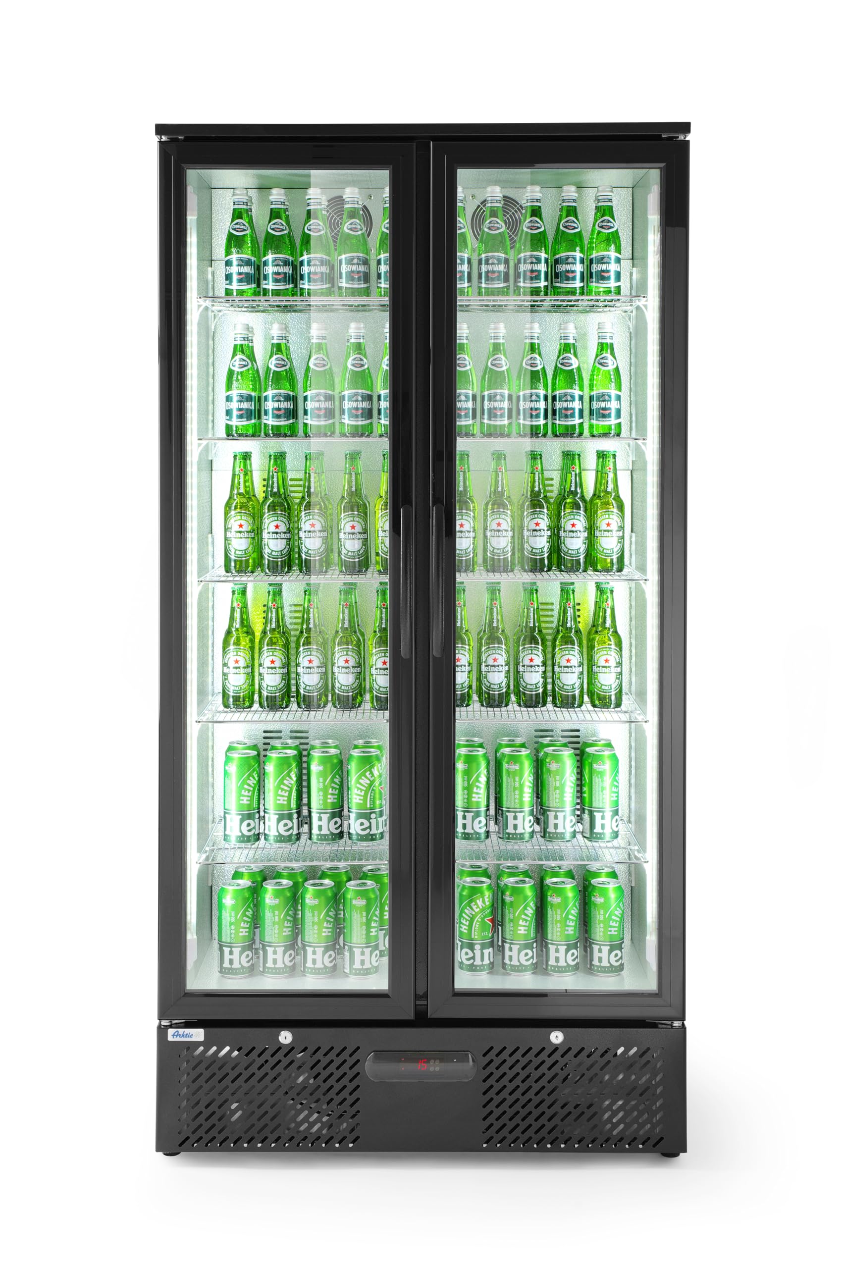 HENDI Refrigerador para bebidas Arktic, botellero vertical de bar, 2 puertas, 384L, 0–10°C, 220V, 365W, 900x530x(H) 1820mm, acero con recubrimiento en polvo negro