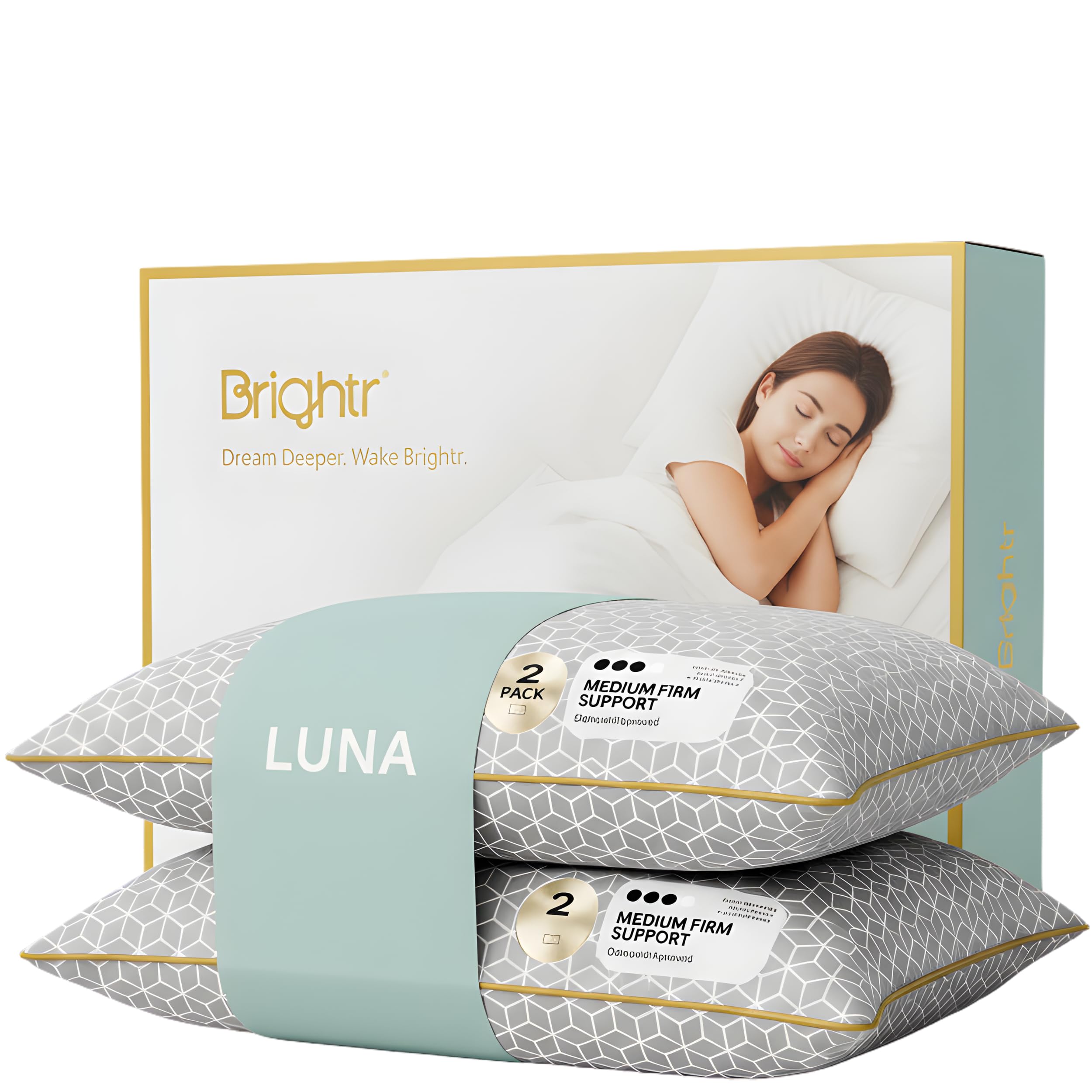 Brightr®️ ‘Luna’ 2 Pack Memory Foam Pillow for Neck and Shoulder Pain | Height Adjustable Pillow for Side Sleepers | Osteopath Recommended | Skin Cooling | Anti Dust Mite | Medium Firm