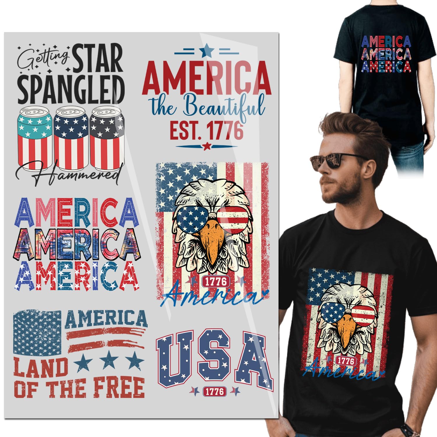 6PCS 4th of July DTF Heat Transfer Bundle, 4th of July Iron on Transfers, America Iron on Patches, Heat Transfer Design, American Flag Heat Transfer,DTF transfers Ready to Press for Shirts