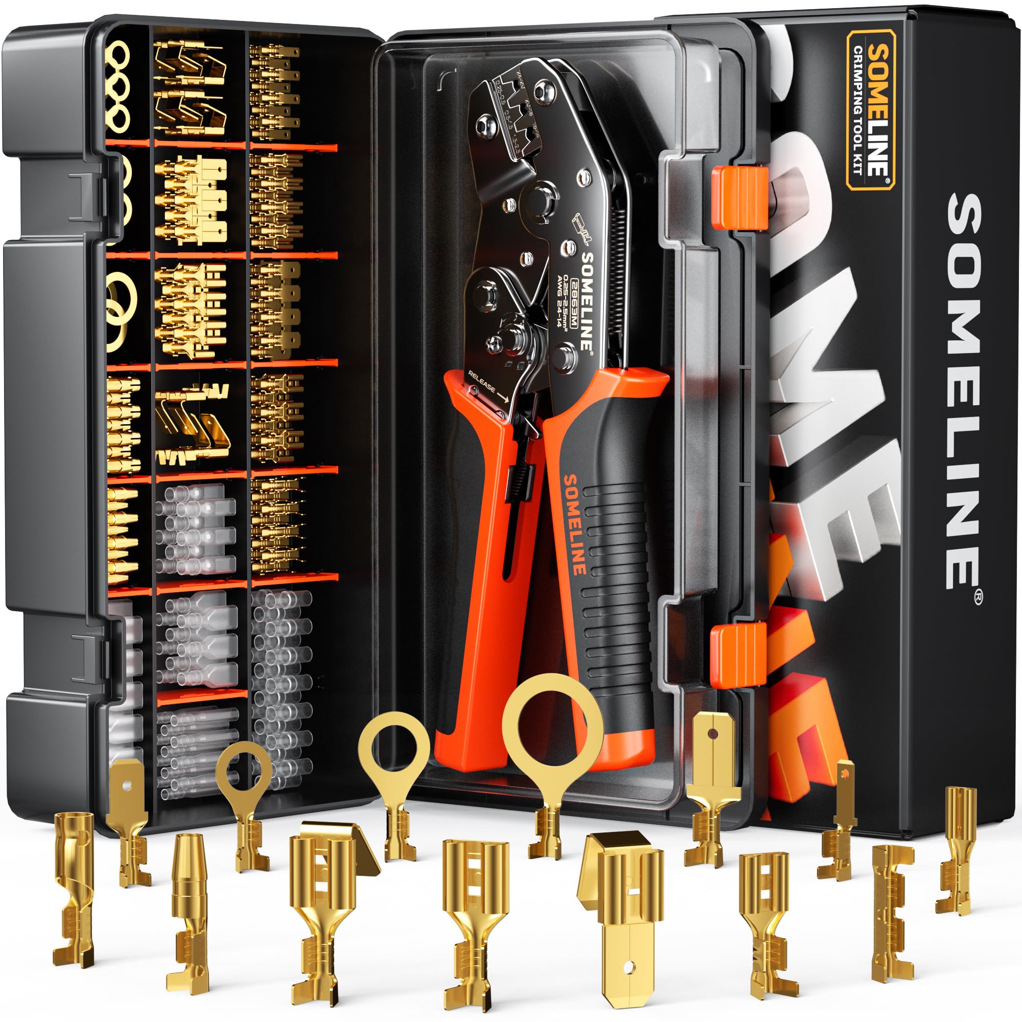 Spade Connectors Crimping Tool Set, with 14 Types Crimp Connectors and 0.25–2.5 mm² (AWG 24–14) Crimping Pliers – Non-Insulated Spade Terminals Electrical Connectors Kit