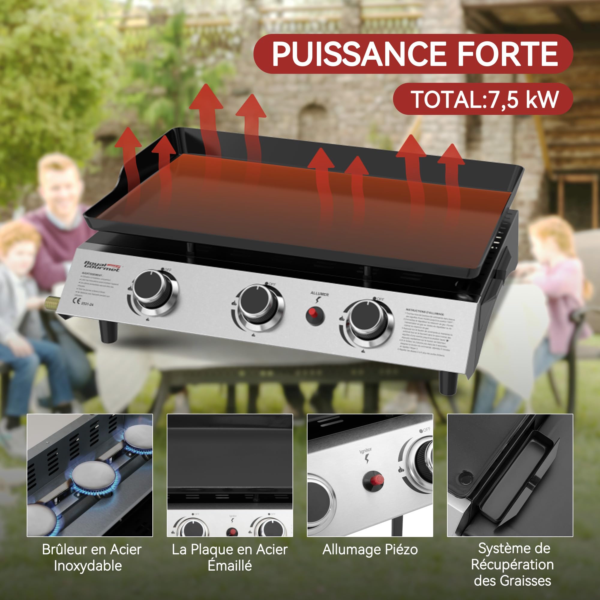 Royal Gourmet Plancha Gaz sur Chariot, 3 Brûleurs Puissance 7.5 kW, Plaque Amovible de Surface Cuisson 62,0 x 35,5 cm, Avec 2 Tablettes et 2 Roues, Portable pour Jardin et l' Extérieur, Noir