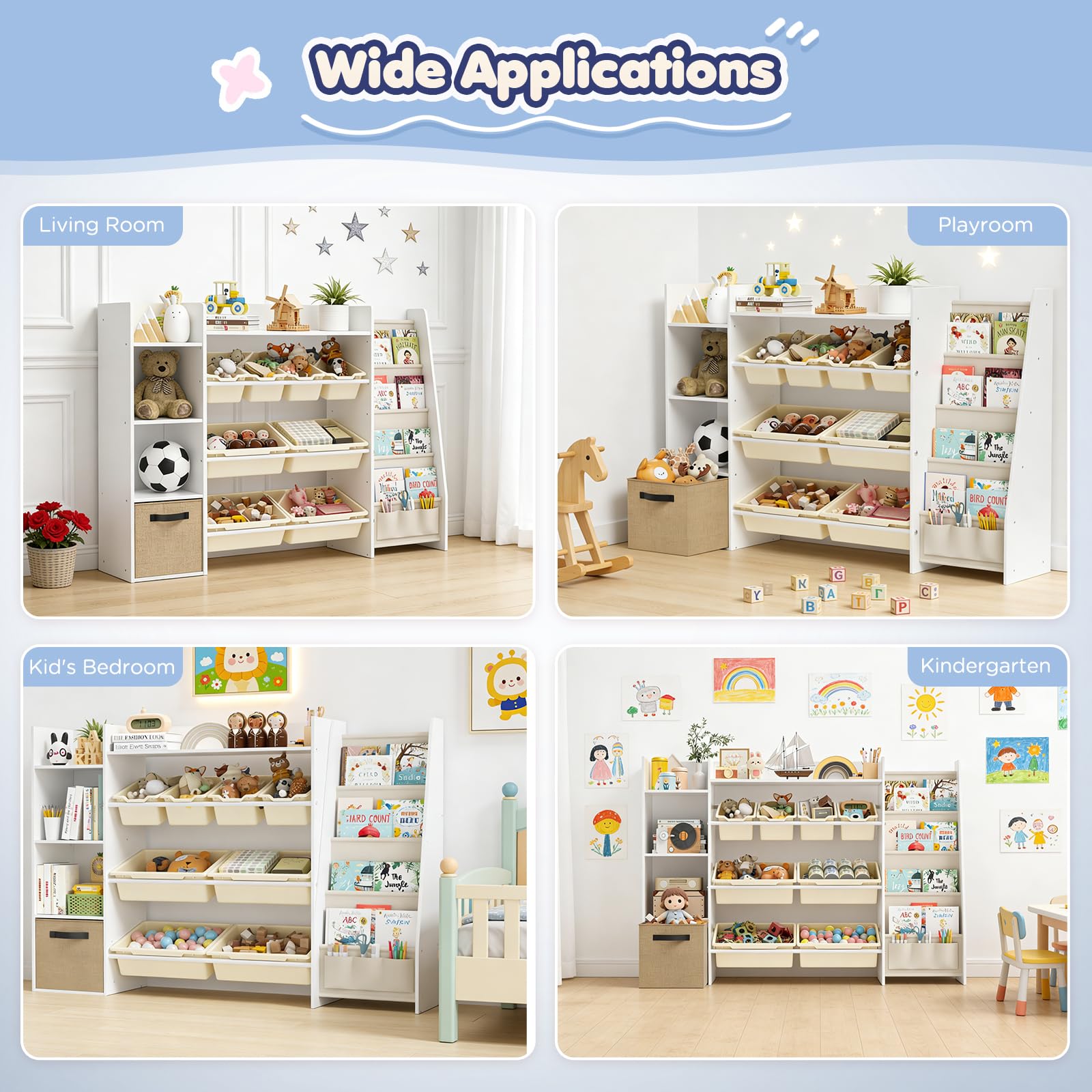 Kinderregal, Holz-Bücherregal mit 8 Aufbewahrungsboxen, Kinderzimmermöbel mit Spielzeugkiste für Schlafzimmer, Wohnzimmer, Arbeitszimmer, 147 x 30 x 100 cm, Weiß