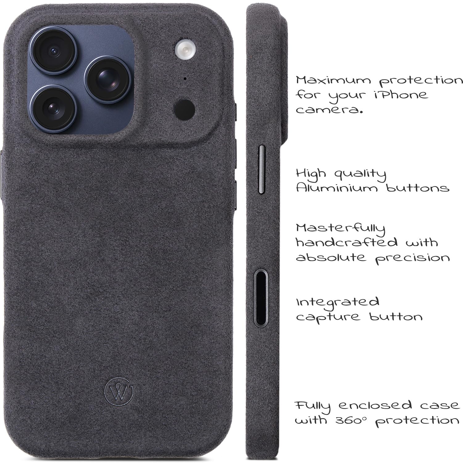 Alcantara Hülle für iPhone 17 Pro – Premium Case innen und außen aus Alcantara, Rundumschutz, Kamerataste, Qi2 kabelloses Laden, handgefertigt