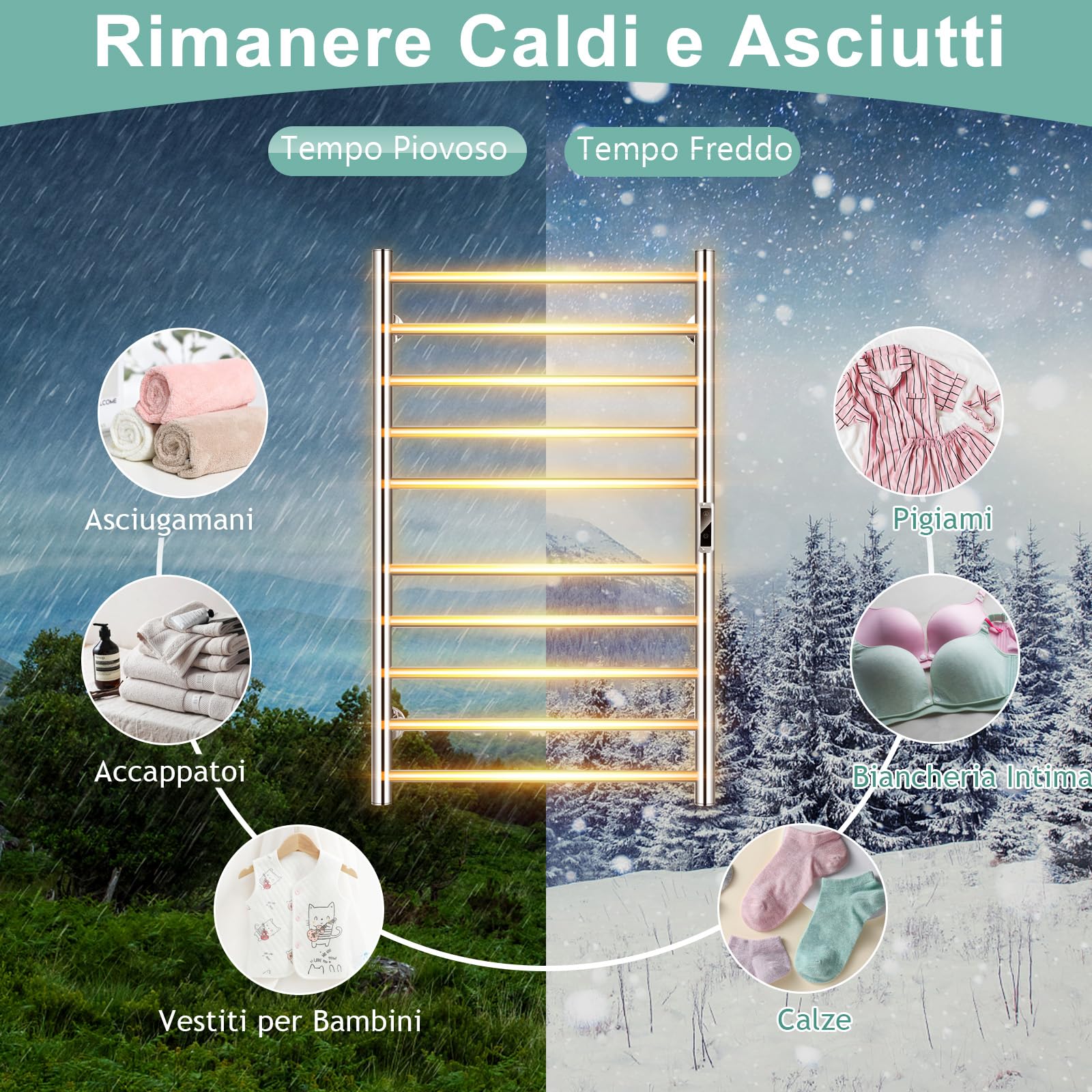 GYMAX Scaldasalviette Elettrico a Parete, Porta Asciugamani in Acciaio Inox, Riscalda 30-60 °C, Timer, Include Accessori a Parete, 53 x 11 x 86 cm