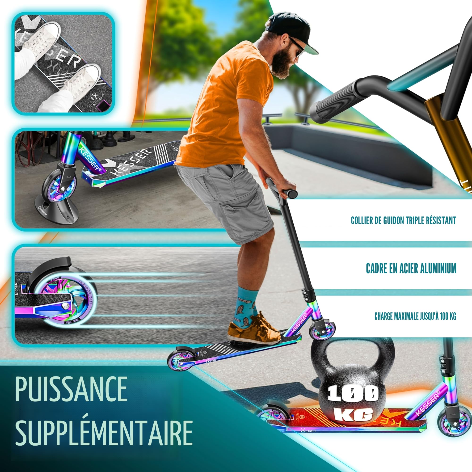 KESSER® Trottinette Stunt X-Limit - Direction à 360° - Robuste - Avec roulements à billes ABEC 9 - Roues PU 100 mm - Trottinette de ville, d'acrobatie - Pour enfants et adultes