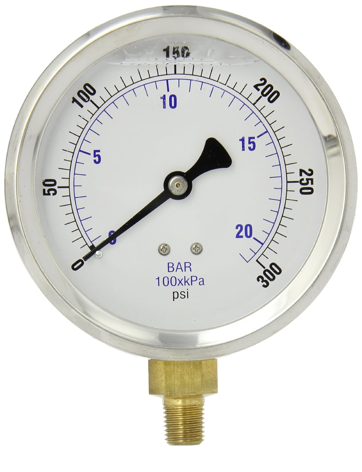 PIC Gauge 201L-404CF 4" Dial, 30/0/150 psi Range, 1/4" Male NPT Connection Size, Bottom Mount Glycerine Filled Pressure Gauge with a Stainless Steel Case, Brass Internals, Stainless Steel Bezel, and Polycarbonate Lens