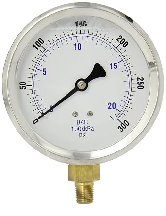 PIC Gauge 201L-404H 4" Dial, 0/300 psi Range, 1/4" Male NPT Connection Size, Bottom Mount Glycerine Filled Pressure Gauge with a Stainless Steel Case, Brass Internals, Stainless Steel Bezel, and Polycarbonate Lens
