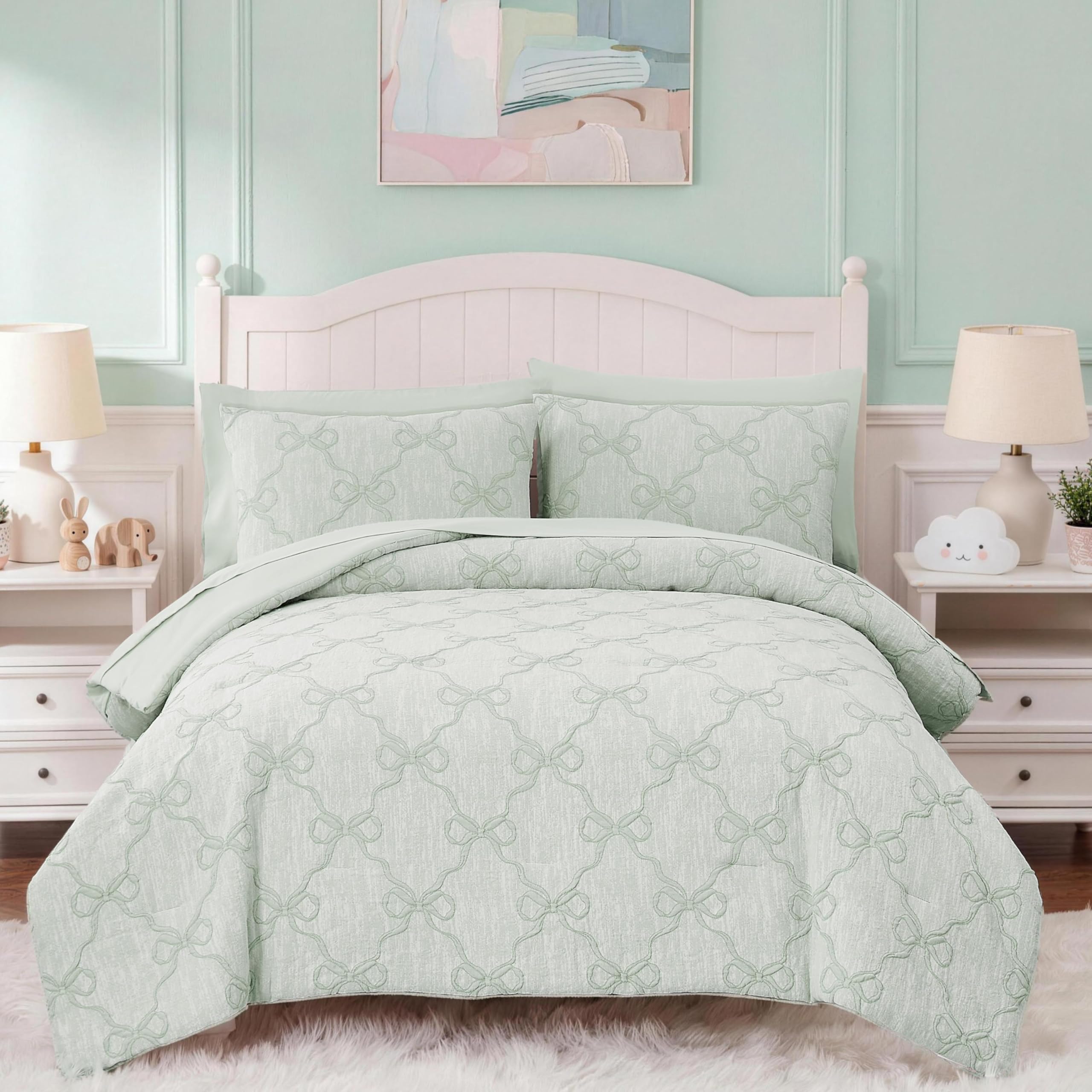 Queen Comforter Set with Sheets for Girls-7 Pieces Bow Bed in A Bag
