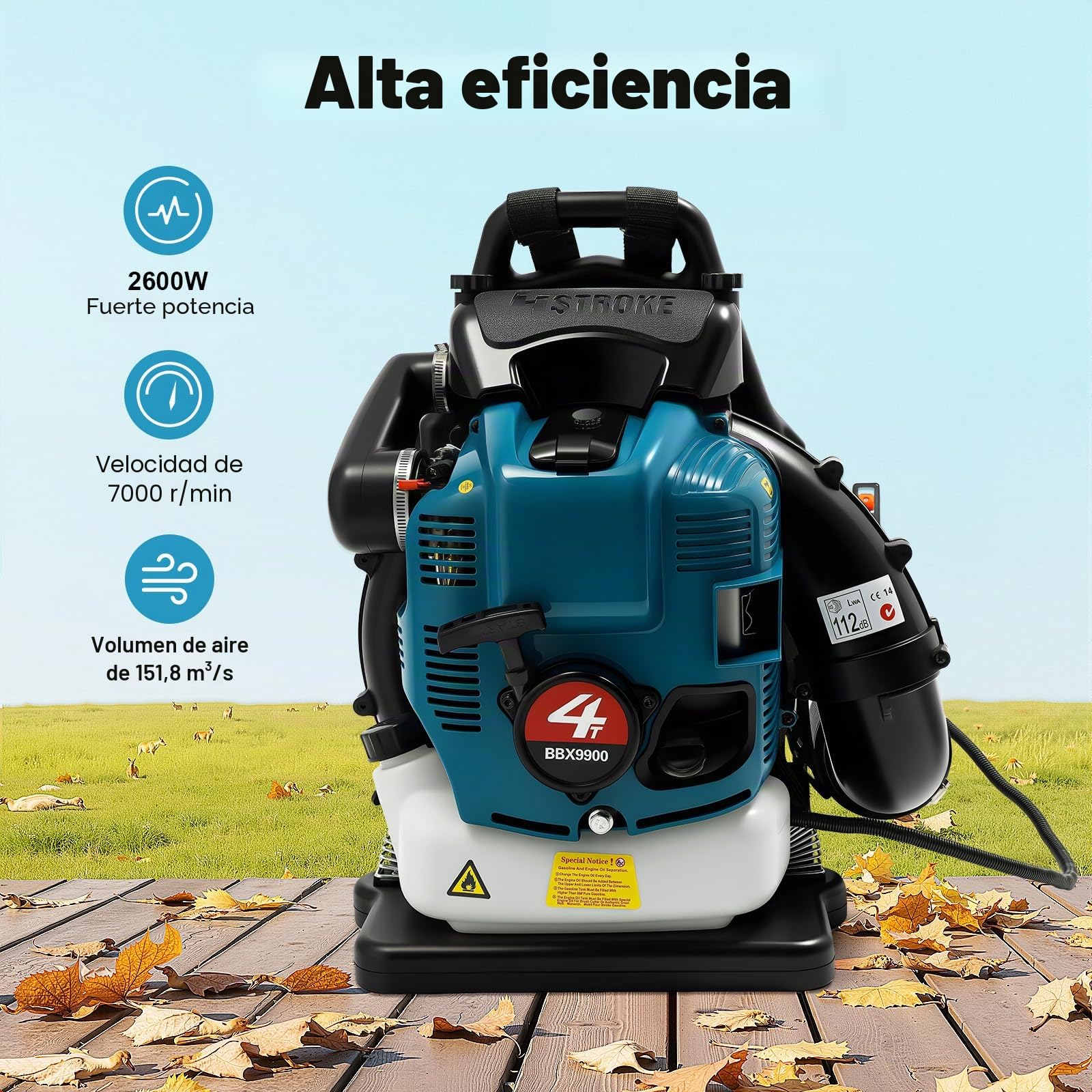 Soplador de hojas de gasolina, aspirador de jardín de 4 tiempos, soplador de 75,6 cc con potencia de motor de 2600 W y depósito de 1,9 L, velocidad variable, amortiguador de hojas refrigerado por