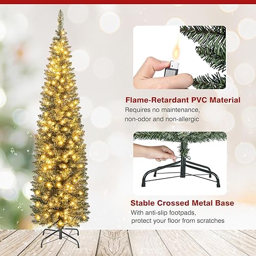 Miniatura 5 de Goplus - Árbol de Navidad preiluminado de 6 pies, árbol de Navidad artificial delgado con 180 luces LED blancas cálidas, 390 puntas de rama, soporte