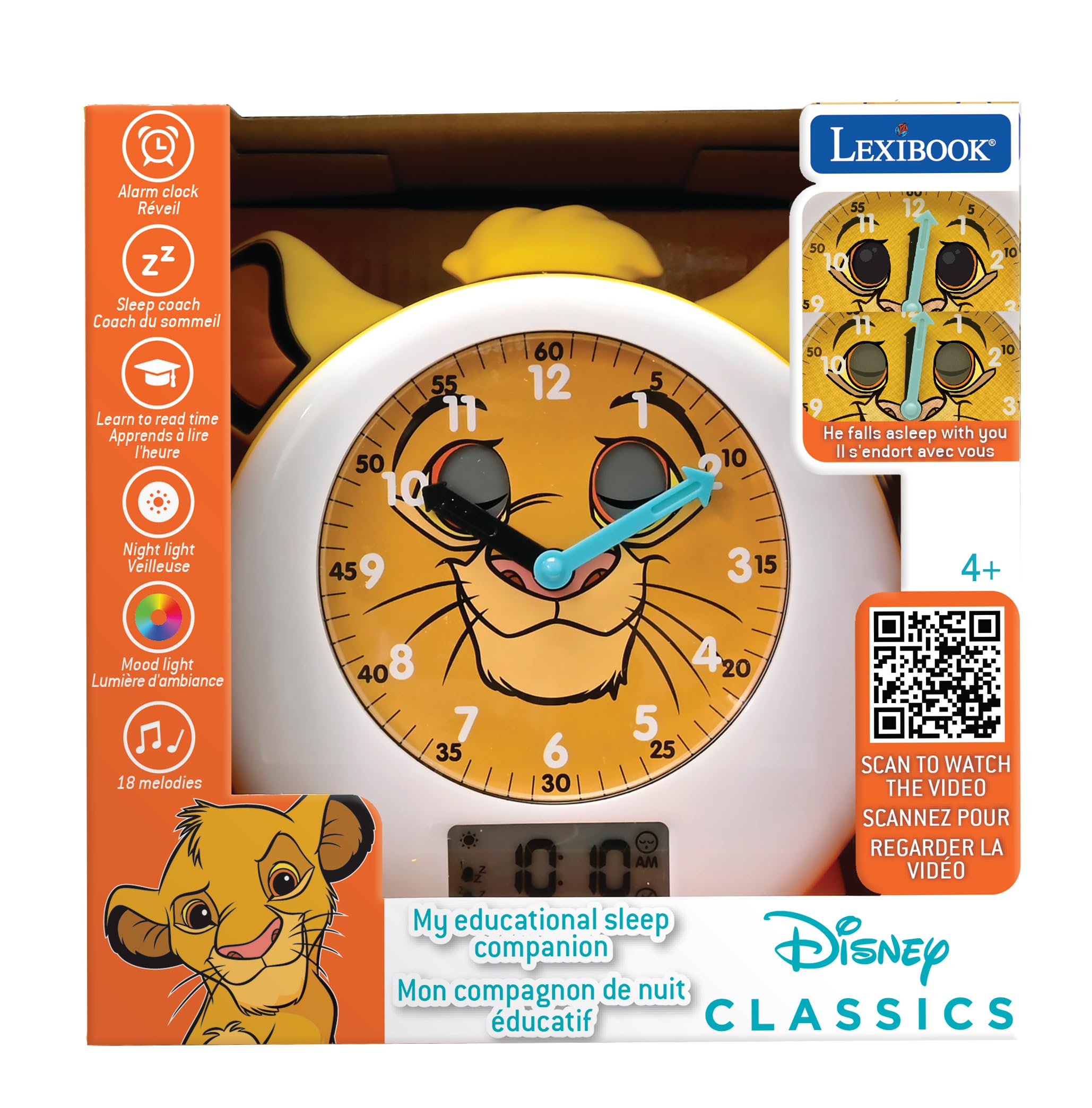 LEXiBOOK, Disney The Lion King, Simba, My Educational Sleep Companion, Alarm Clock, nightlight, Dawn Simulator, Timer, Dual time Display, Rechargeable Battery, Yellow, RLT100AN